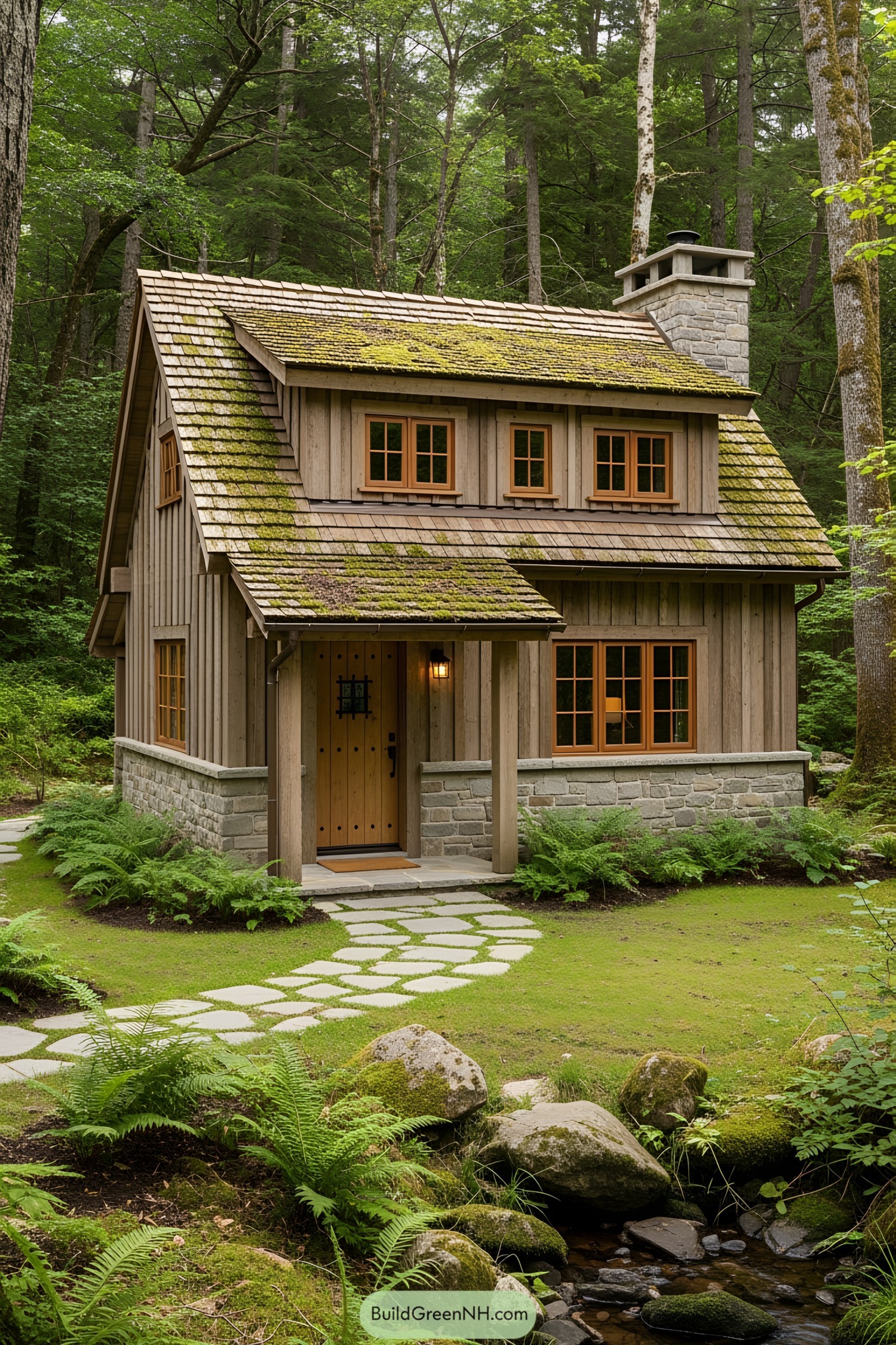 Charming cabin nestled in the woods surrounded by lush greenery