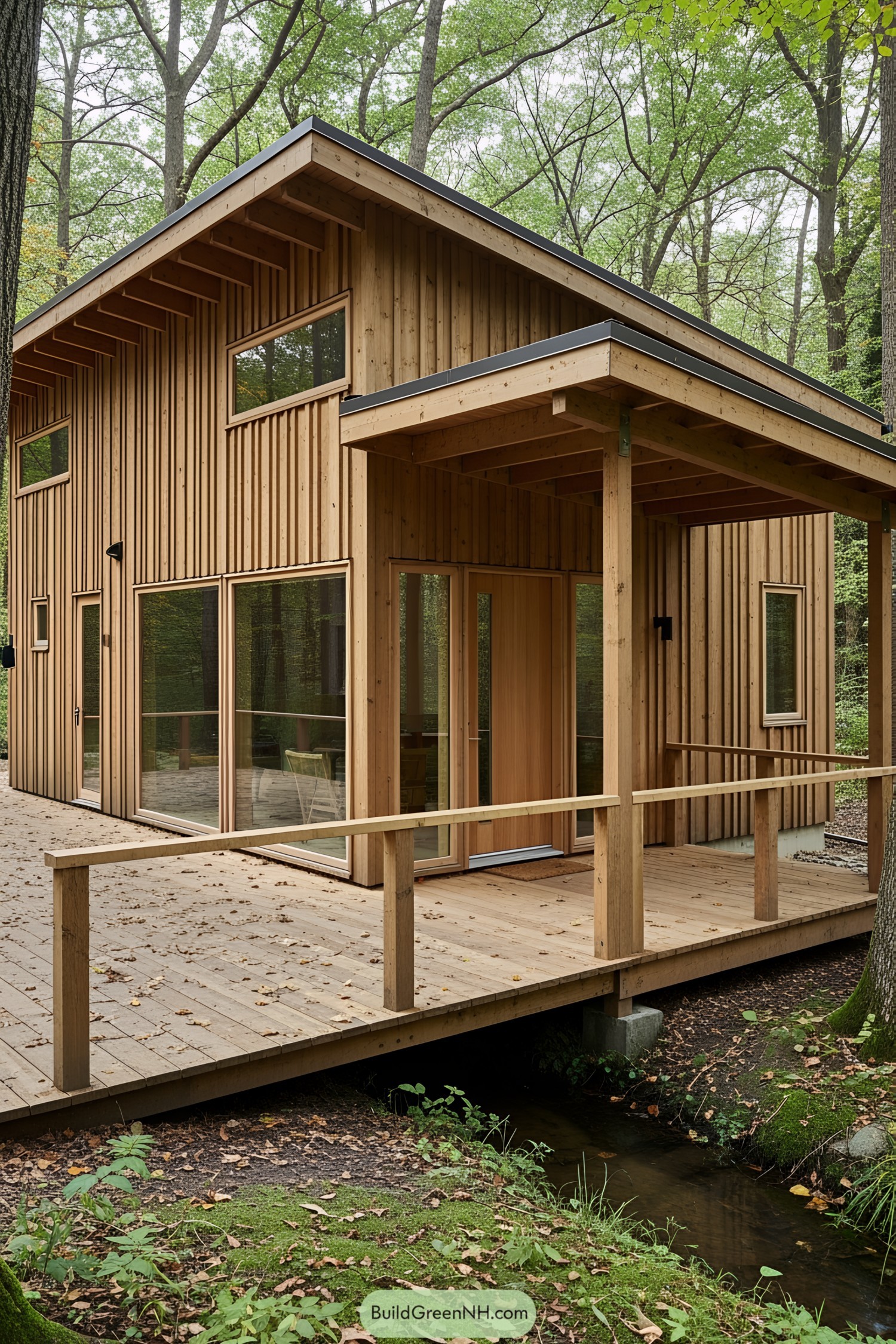 Cozy wooden house nestled in lush forest