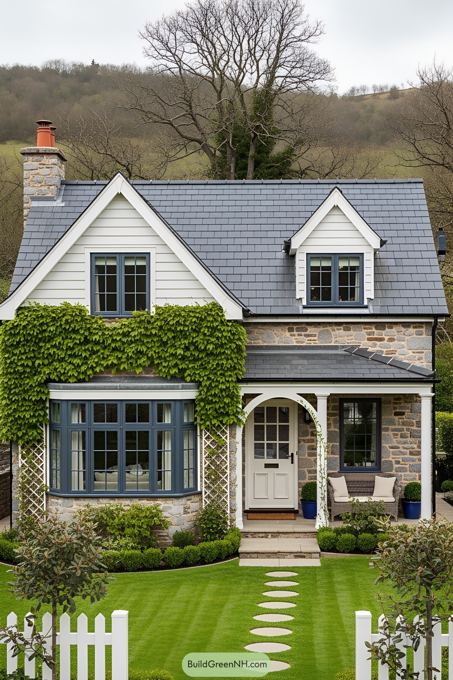 Small house with ivy-covered stone façade and garden