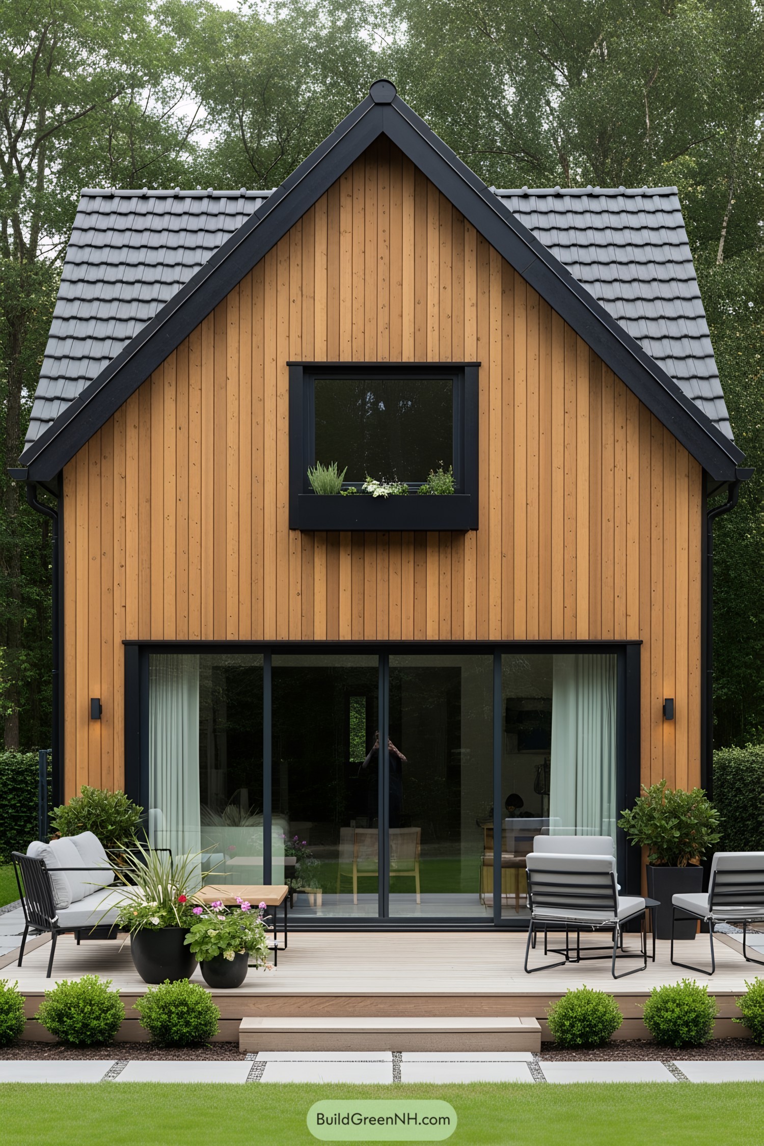 Compact wooden house with garden seating