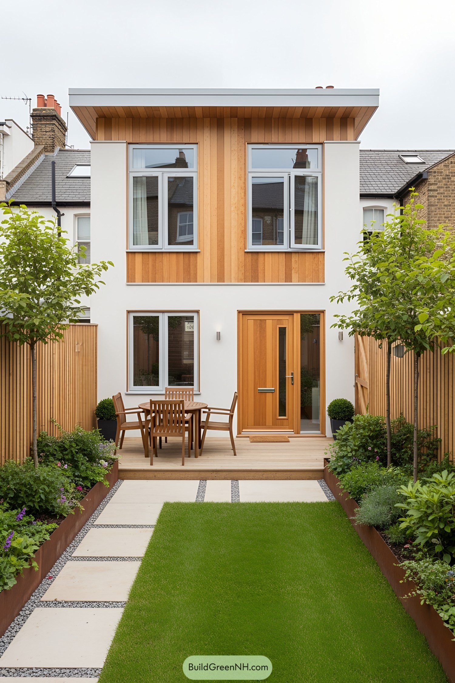 Compact house featuring wood accents and a lush garden