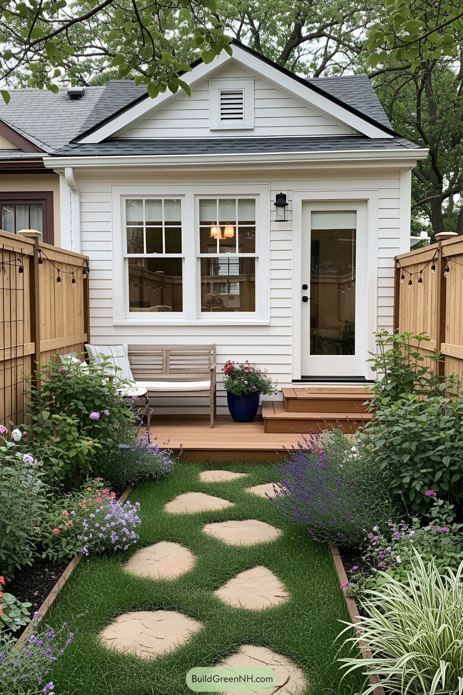 Small house with a garden path and wooden fence
