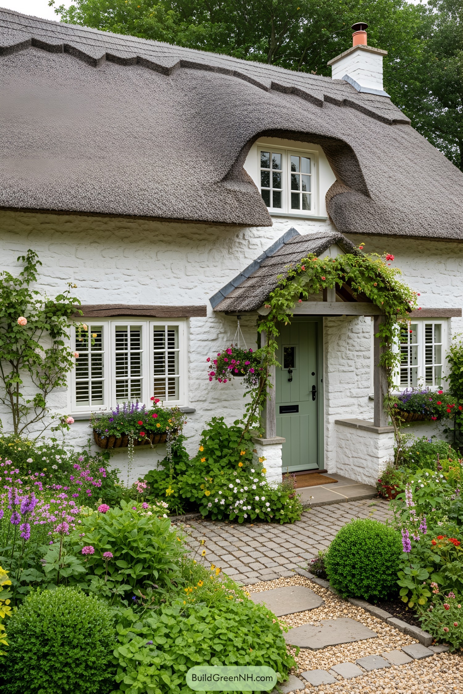 Cottage with lush garden and thatched roof