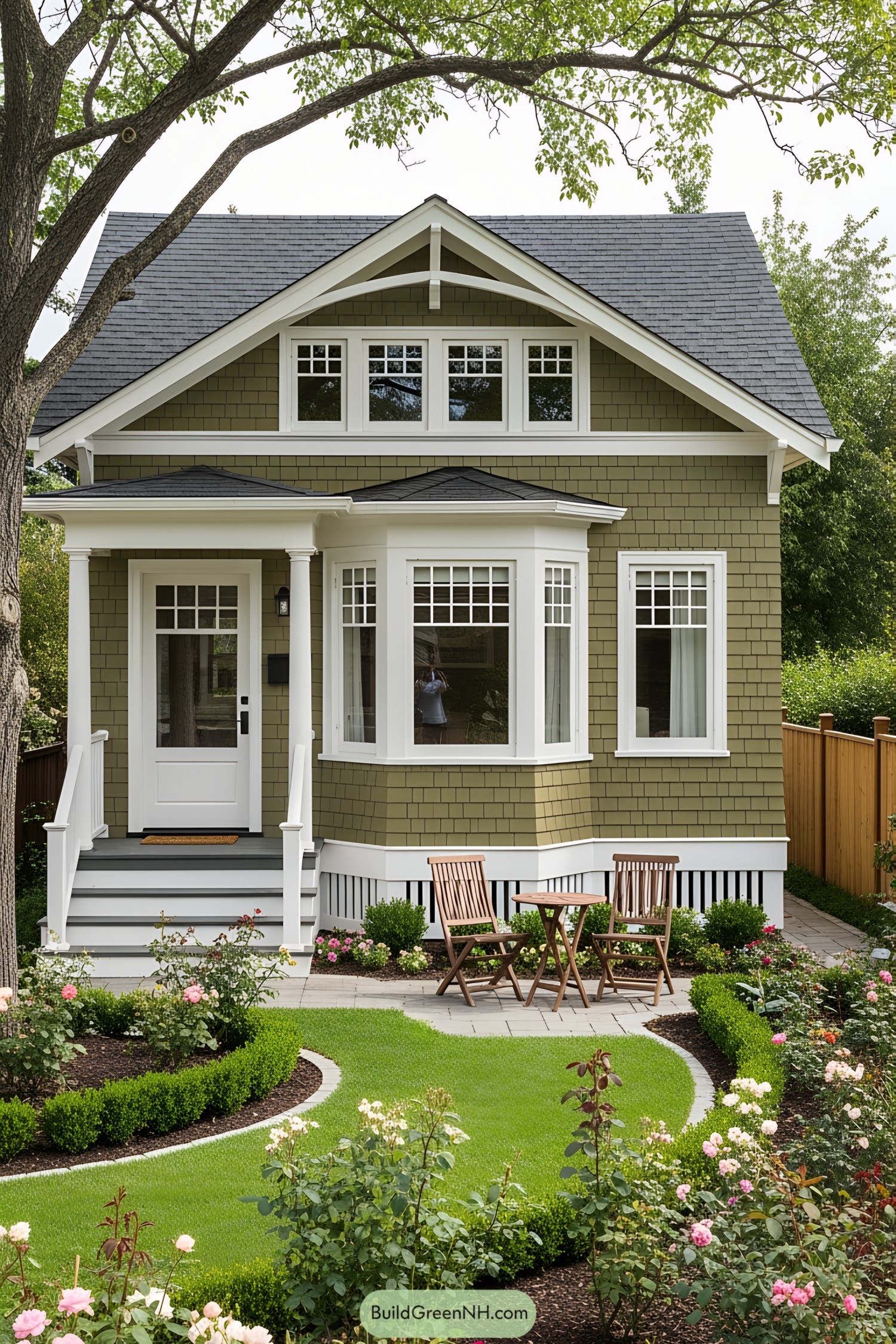 A small house with a lush garden