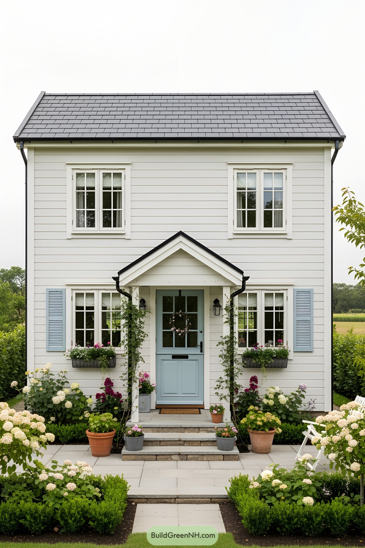 Small house with blue shutters and garden