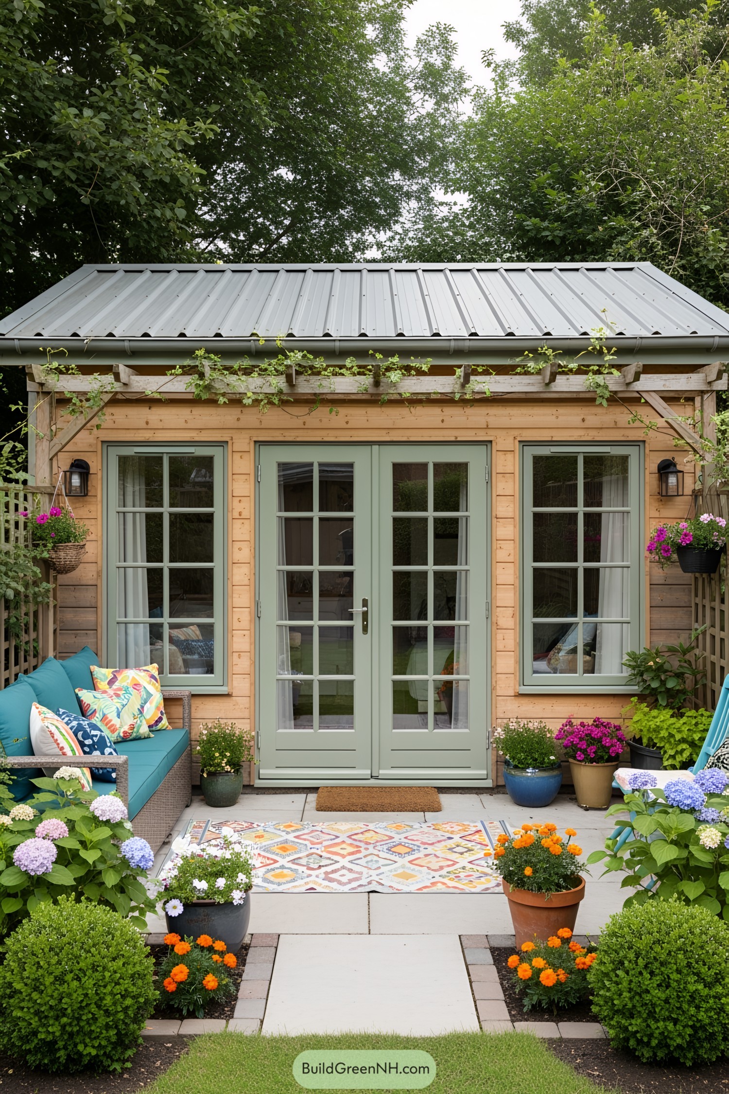 Small wooden house with blooming garden
