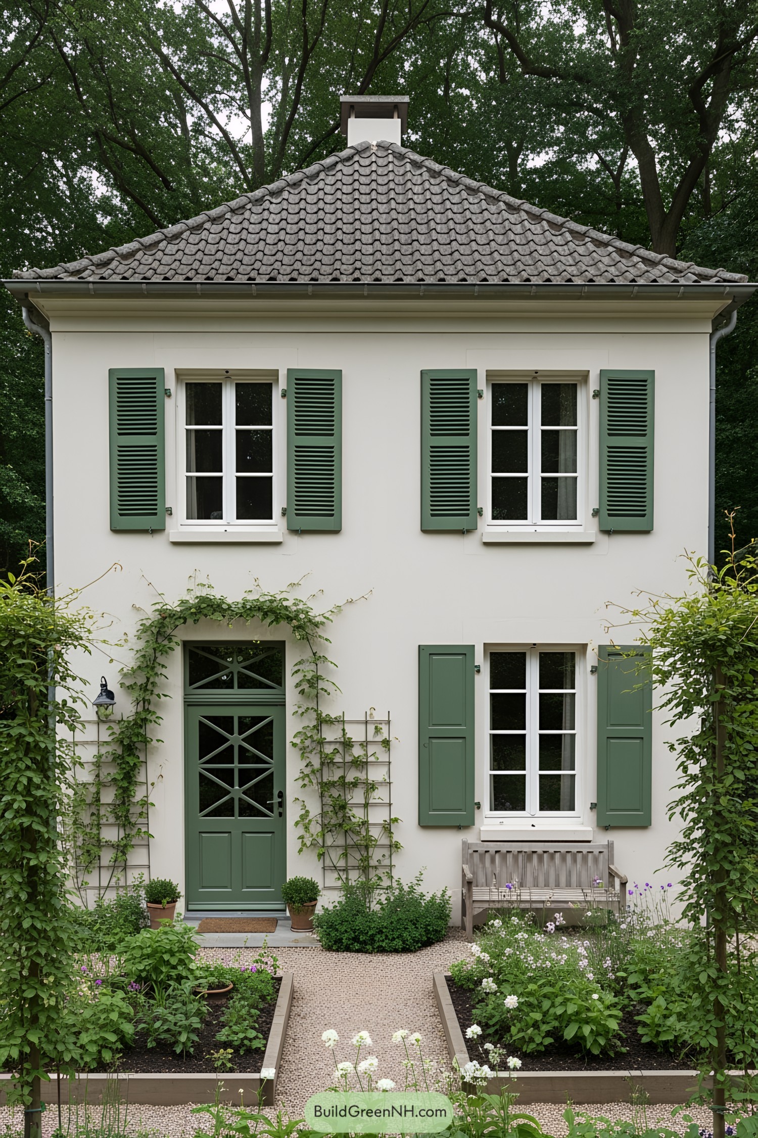 Small house with green shutters and lush garden