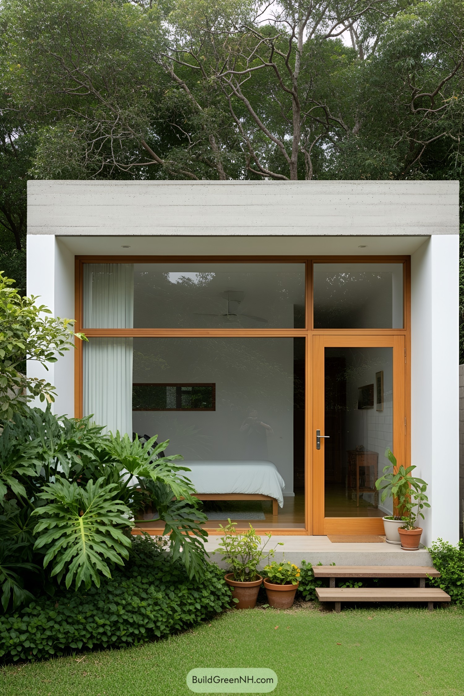 Small modern house with large glass windows amidst lush greenery