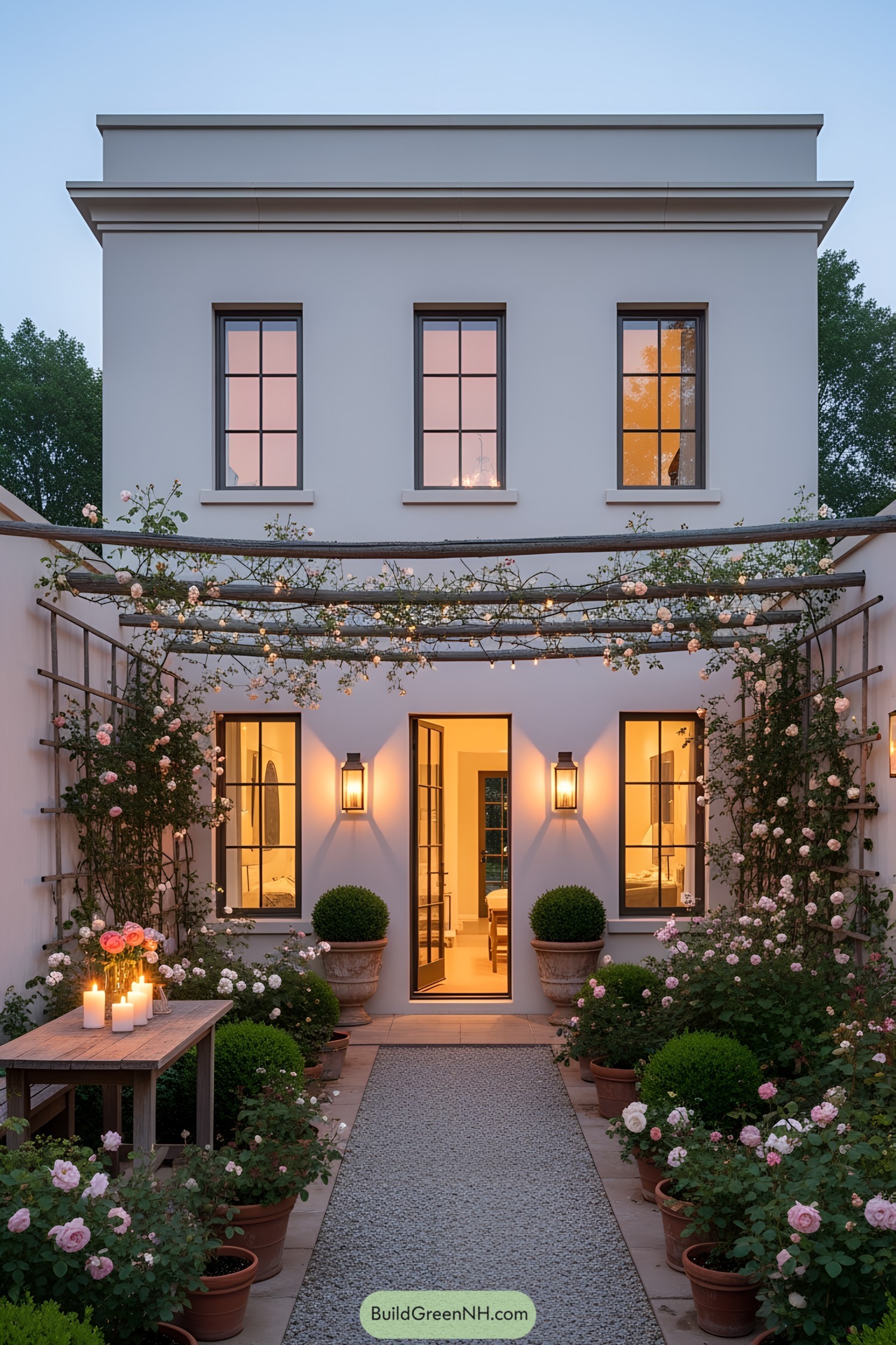 Small house with lit windows and a lush garden path