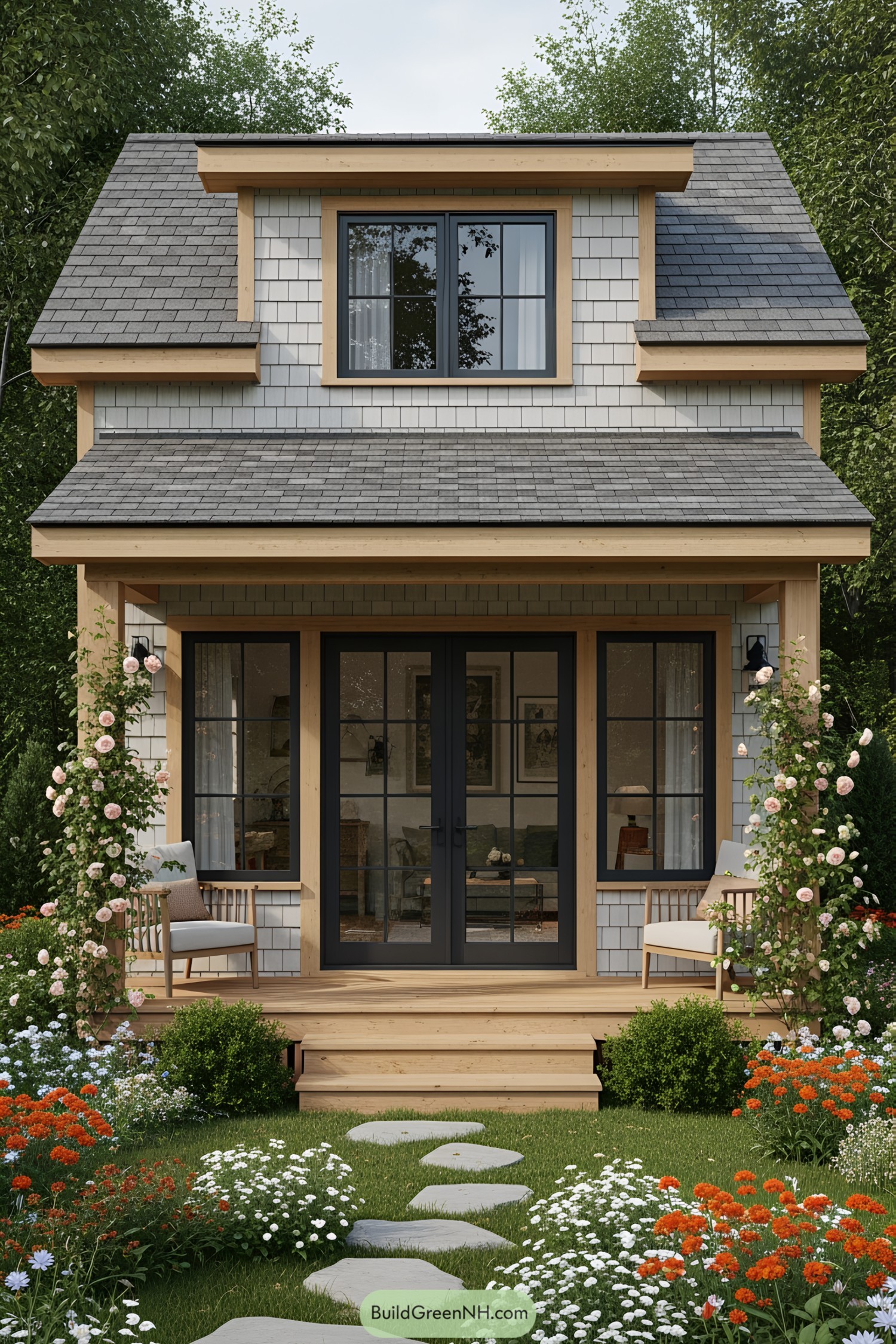 Small house with garden pathway and flowers