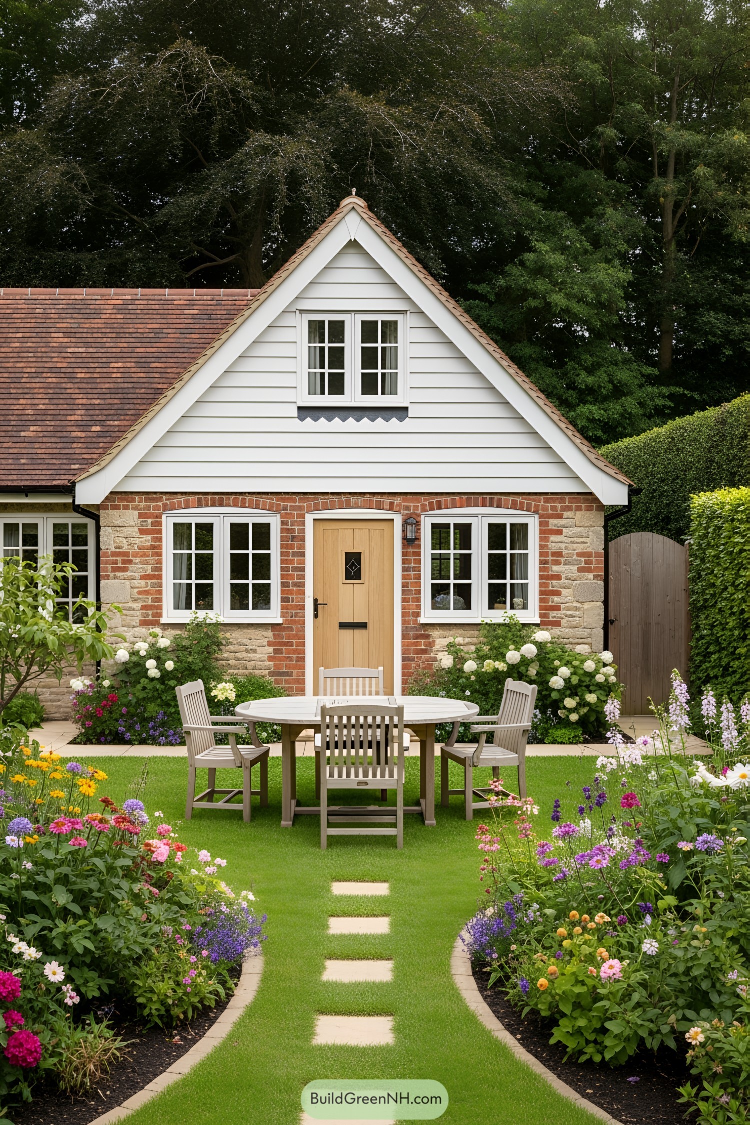 Small house with garden, wooden door, and outdoor seating