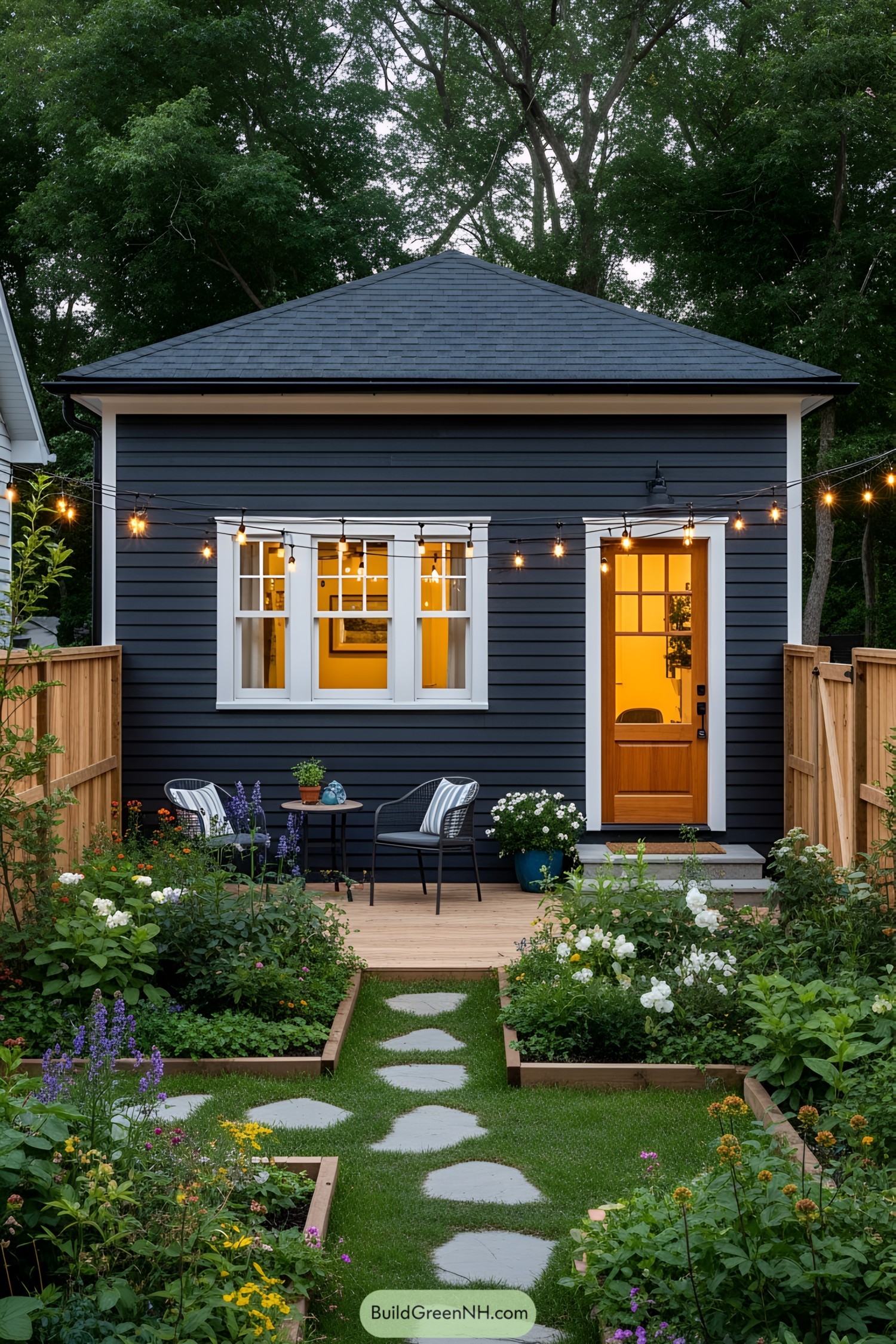 Small dark house with garden and string lights