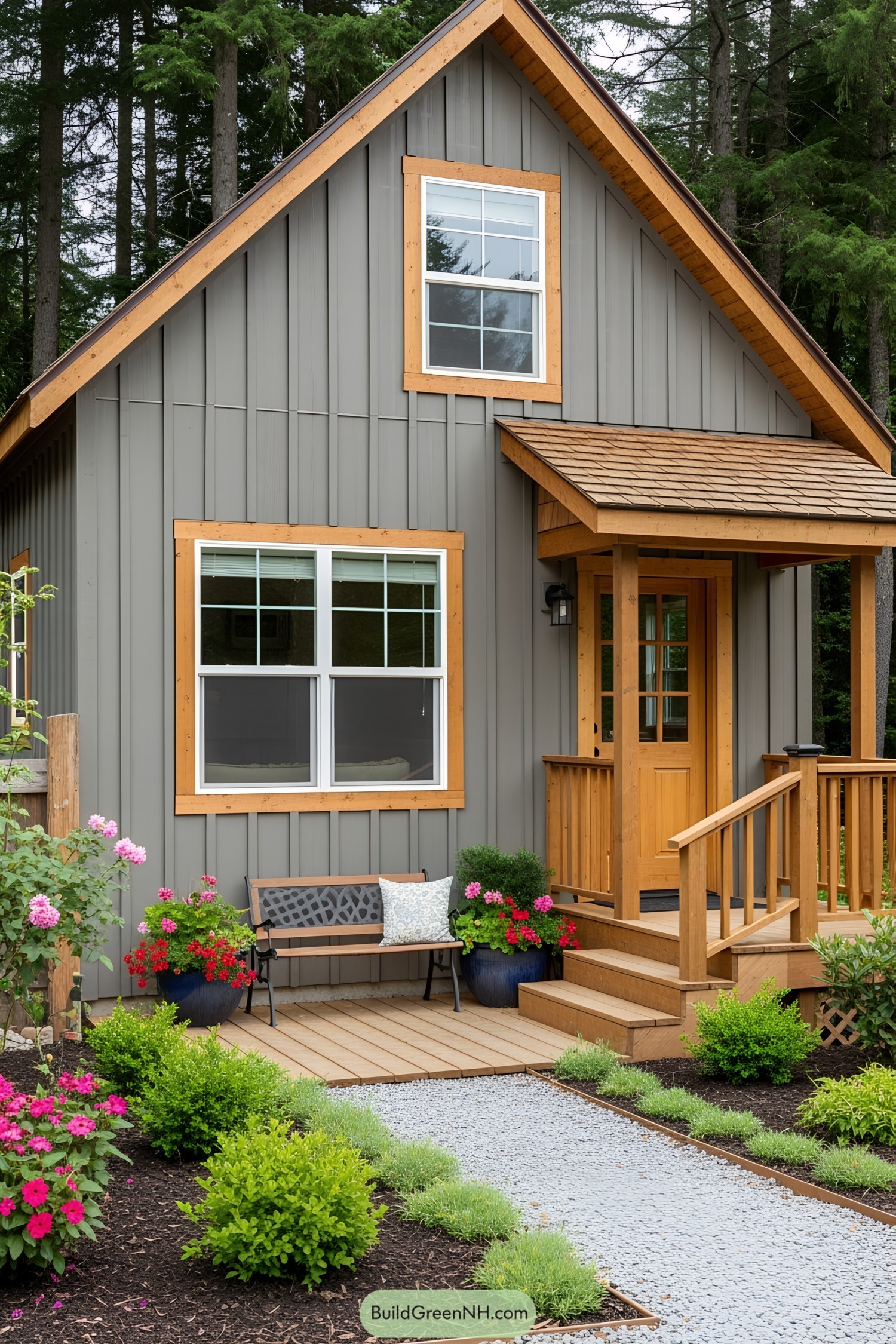 Small house with a front garden filled with colorful flowers