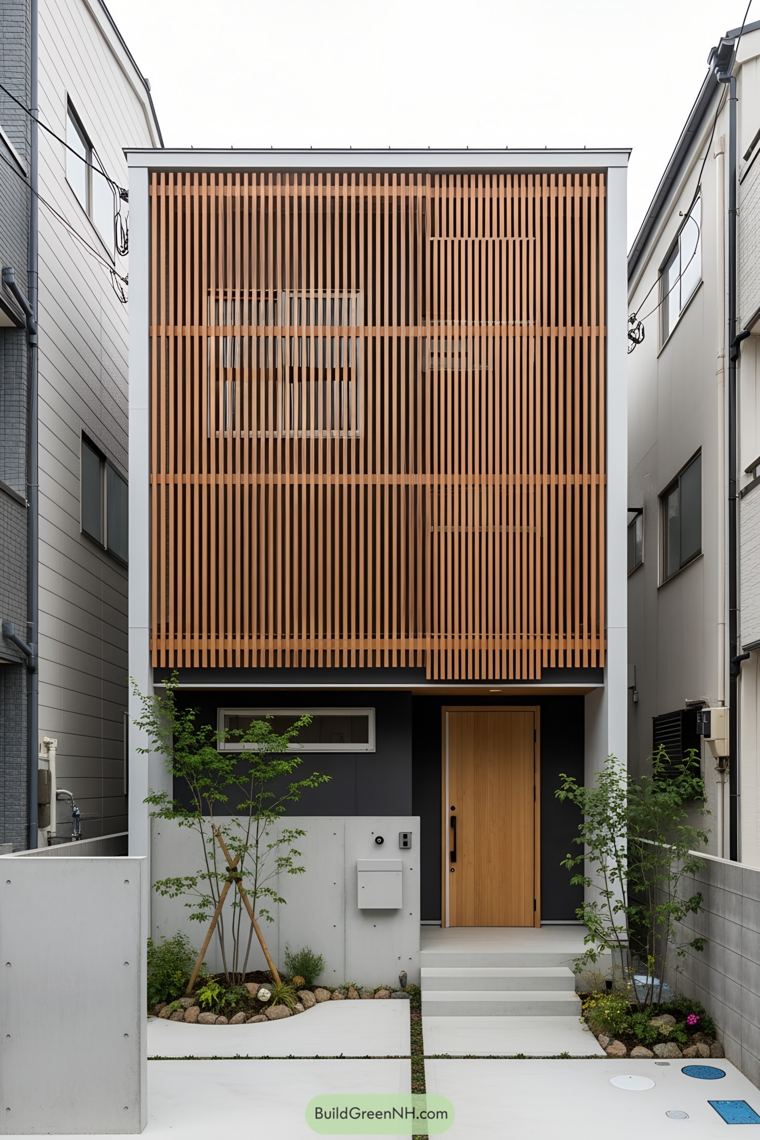 Modern Japanese house with slatted wooden exterior