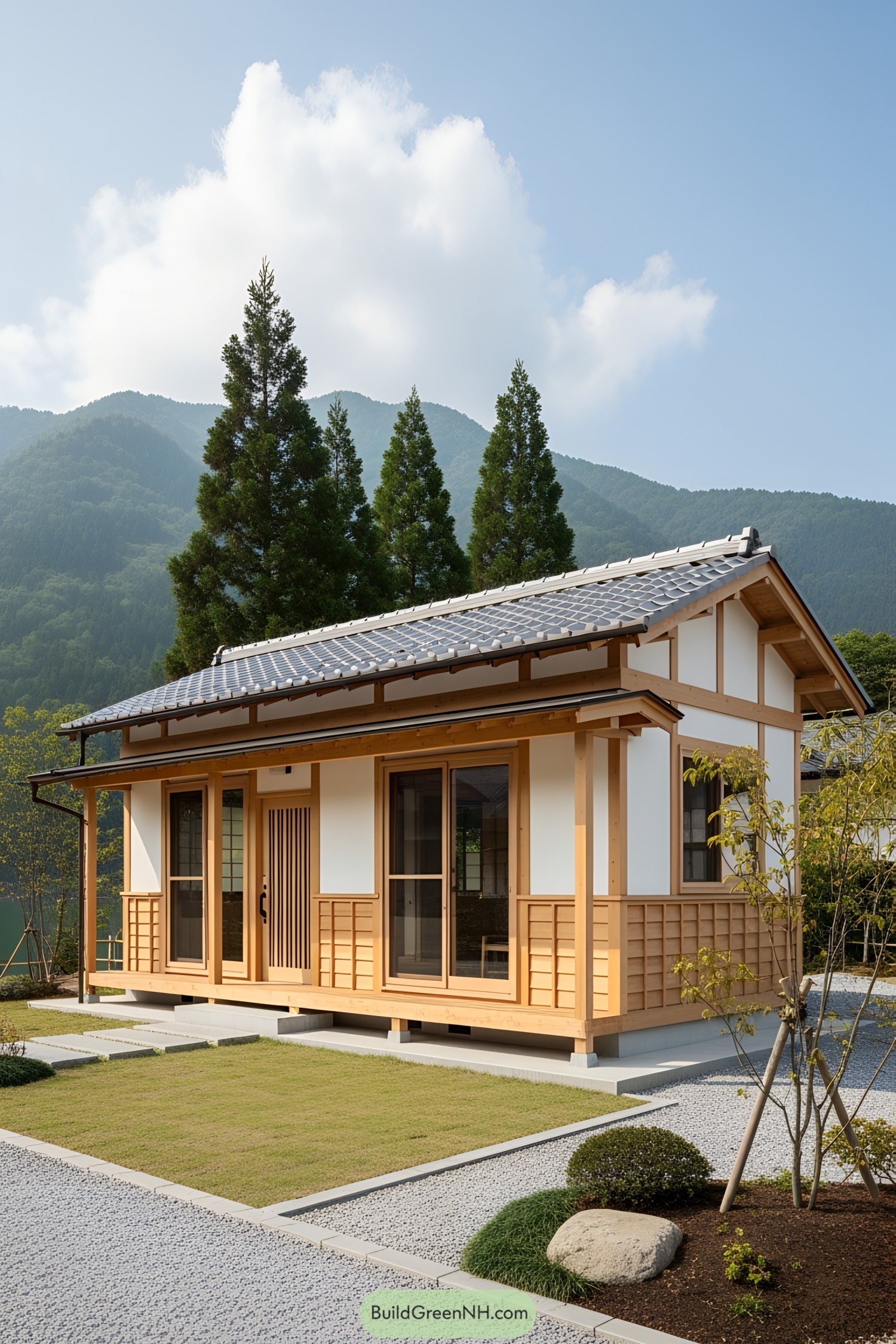 Quaint Japanese house with a mountain backdrop