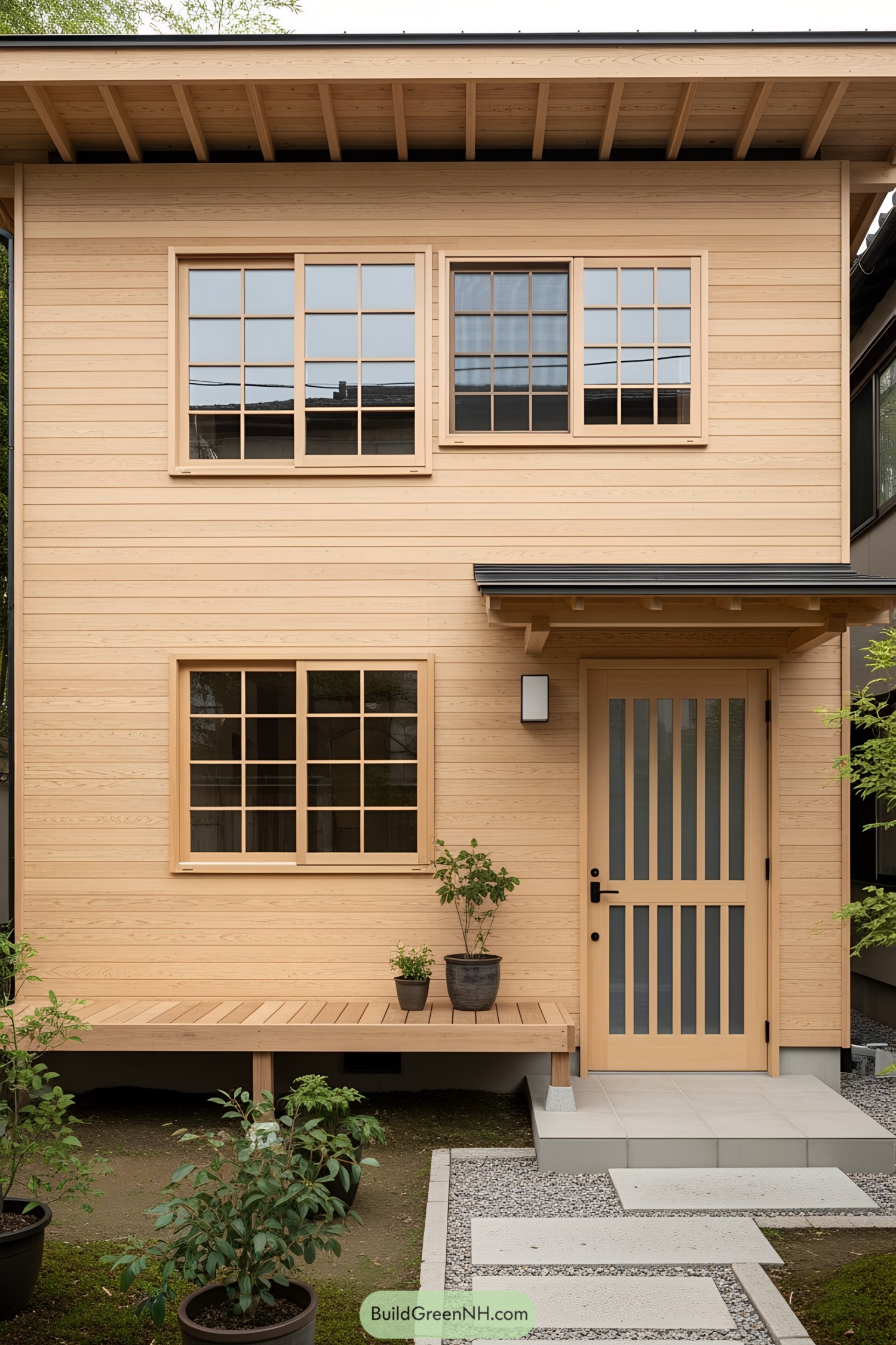 Compact wooden house with grid-pattern windows and a tidy garden