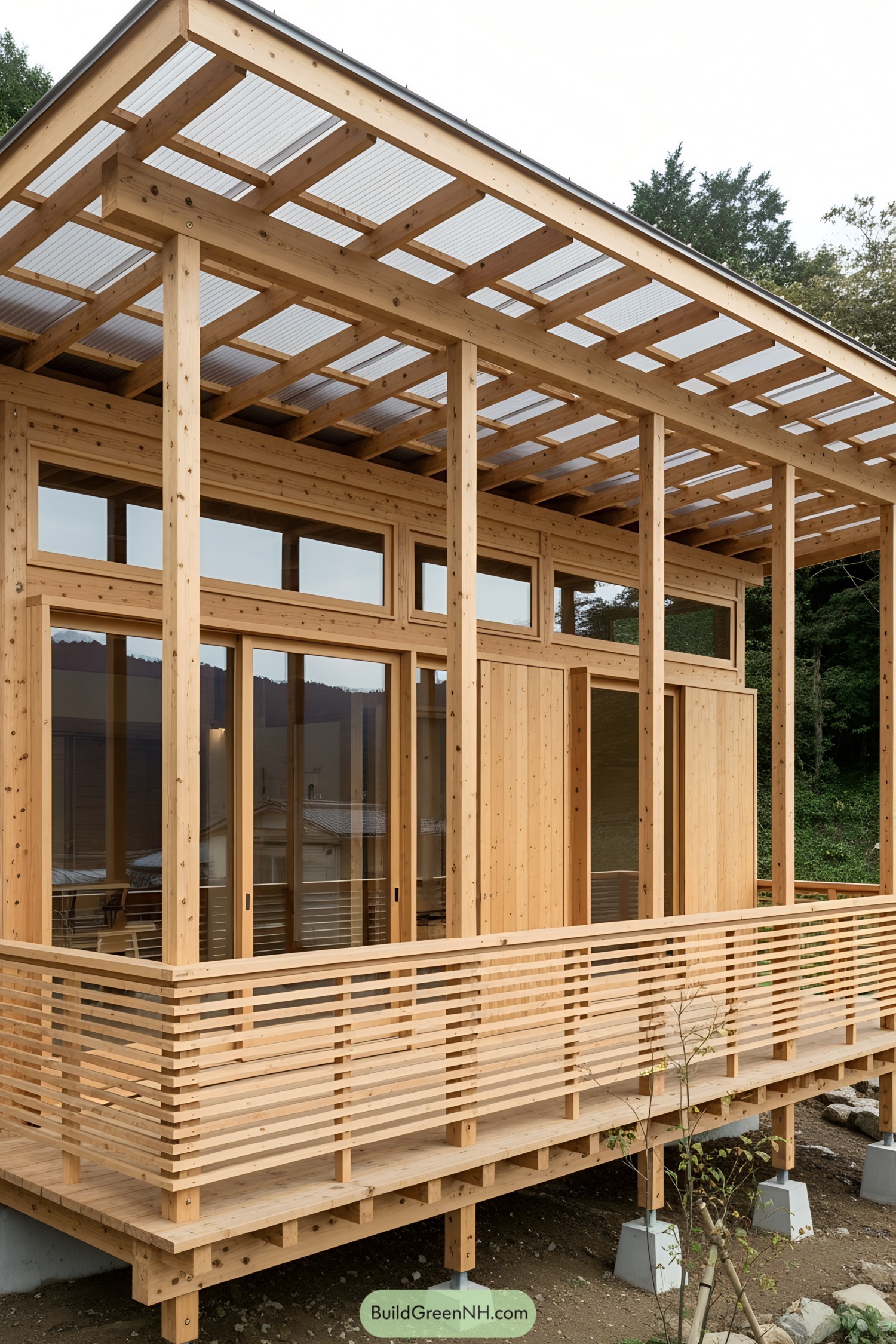 Small wooden Japanese house with large windows and an elevated deck