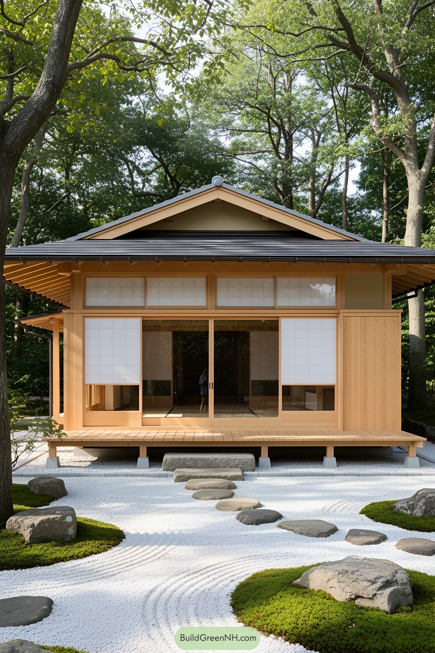 Small Japanese wooden house with zen garden