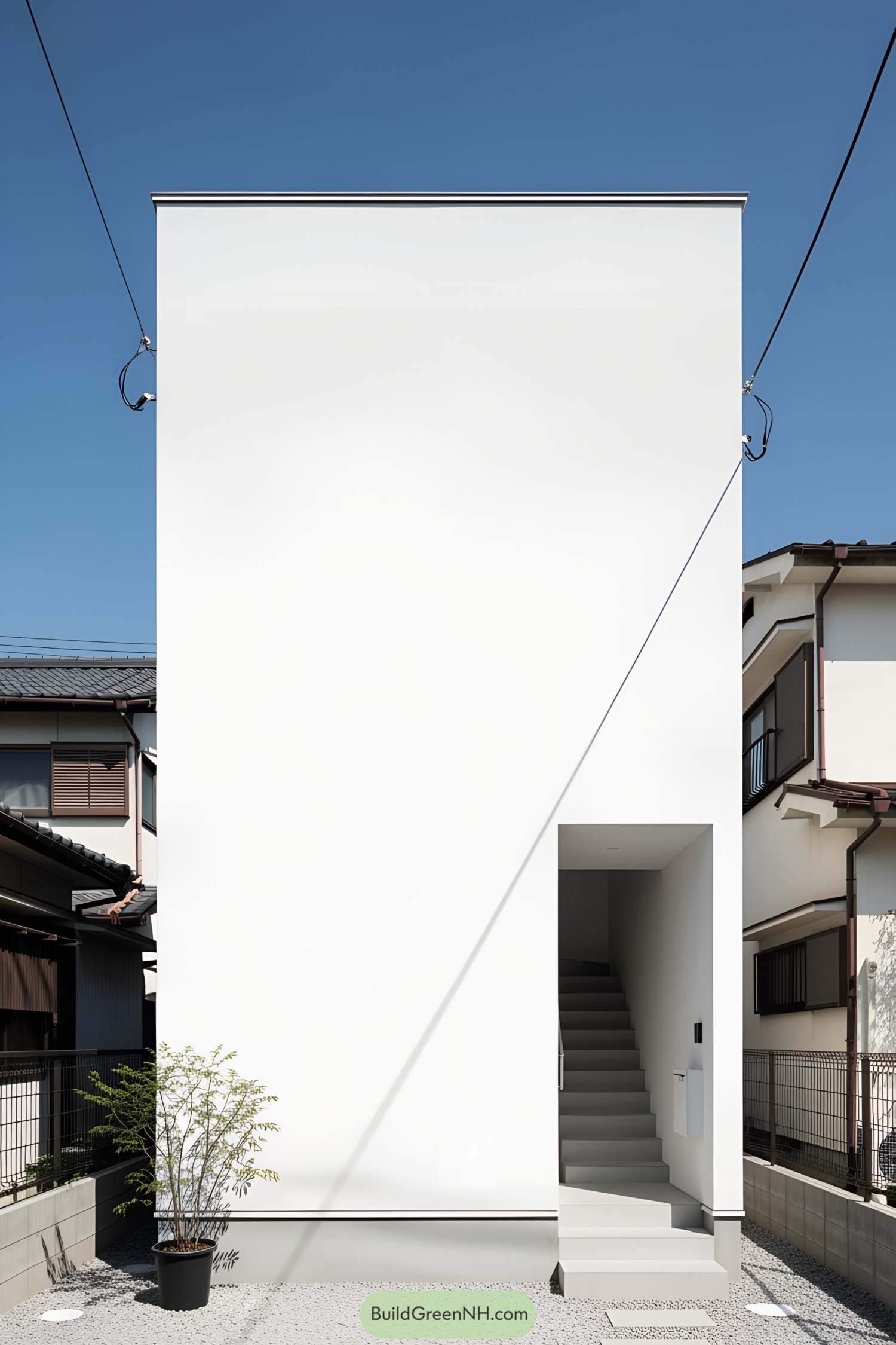 Minimalist white house with staircase entrance