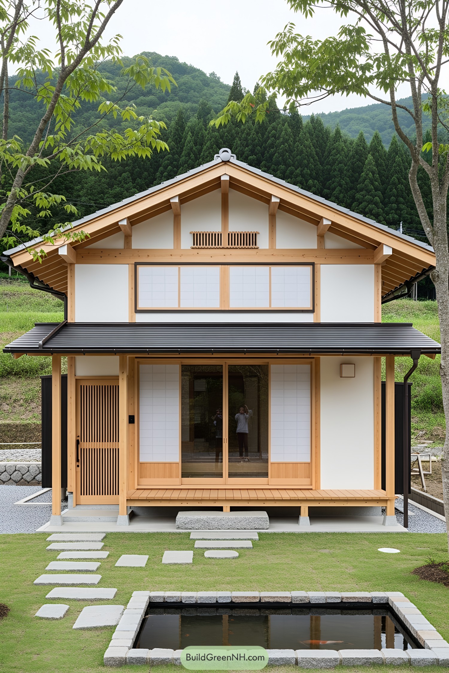 Small Japanese house with wooden accents and a stepping stone path