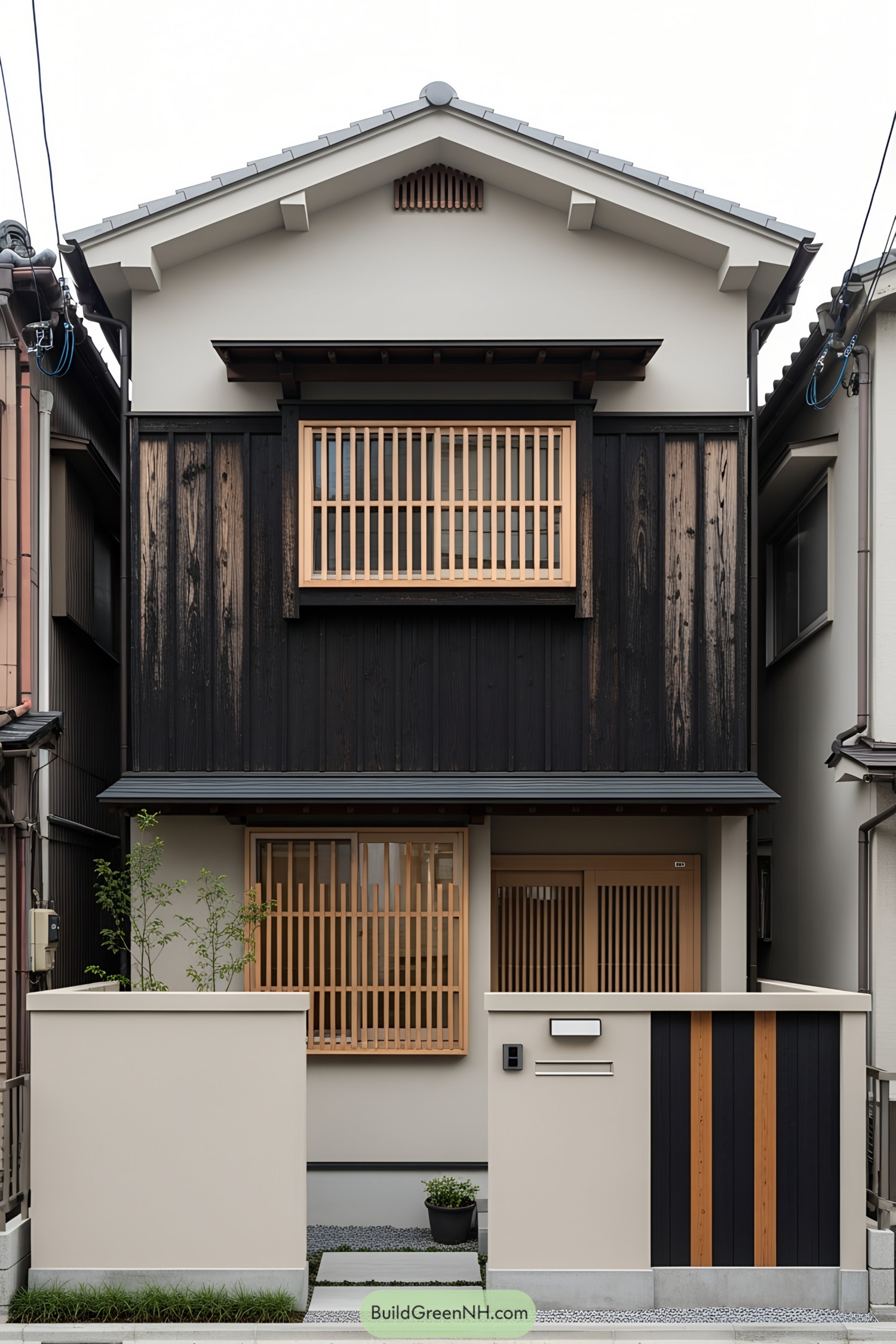 Compact Japanese house with wooden latticework and minimalist design