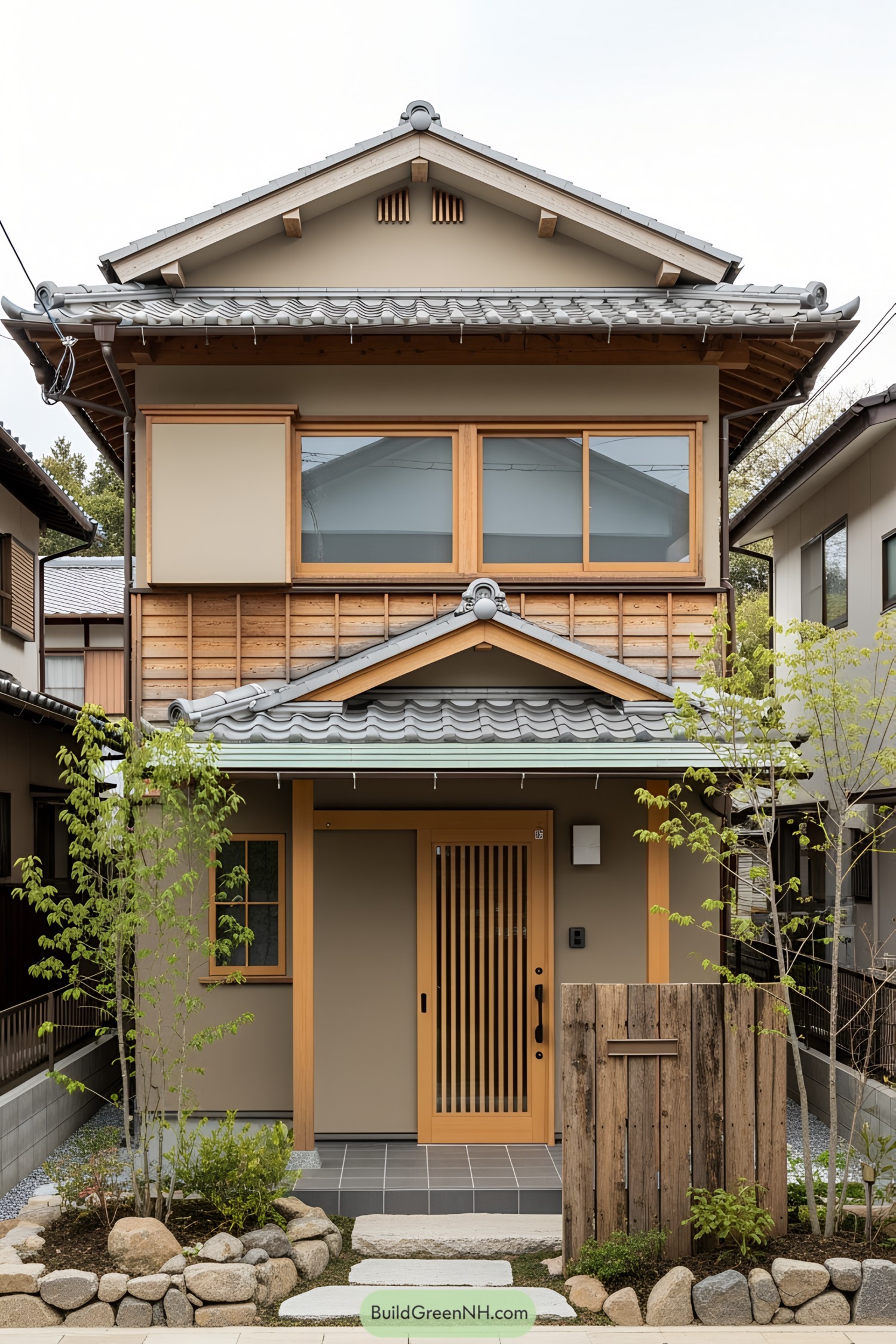 Small Japanese house with wooden accents and a tiled roof