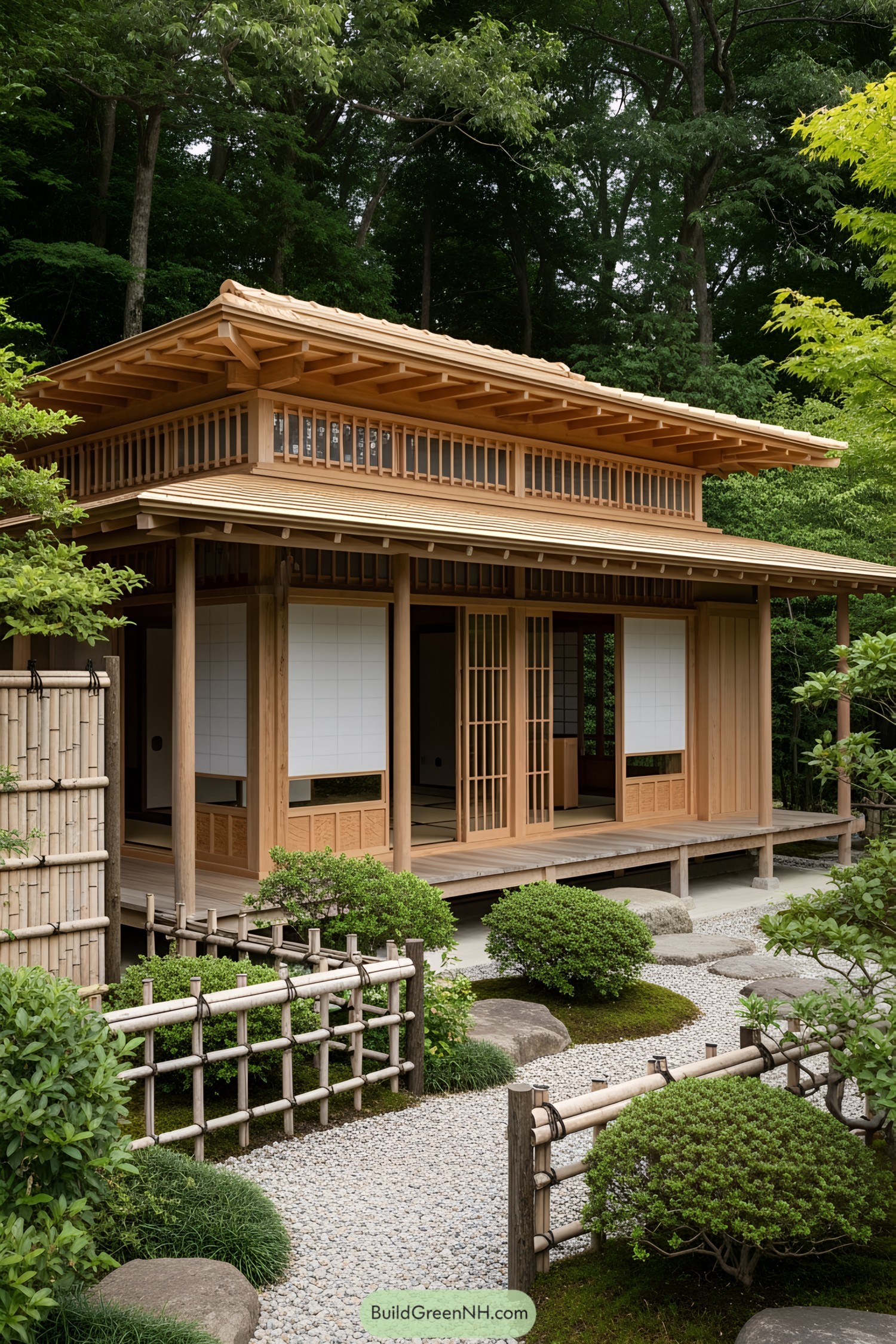 A small wooden Japanese house amidst greenery