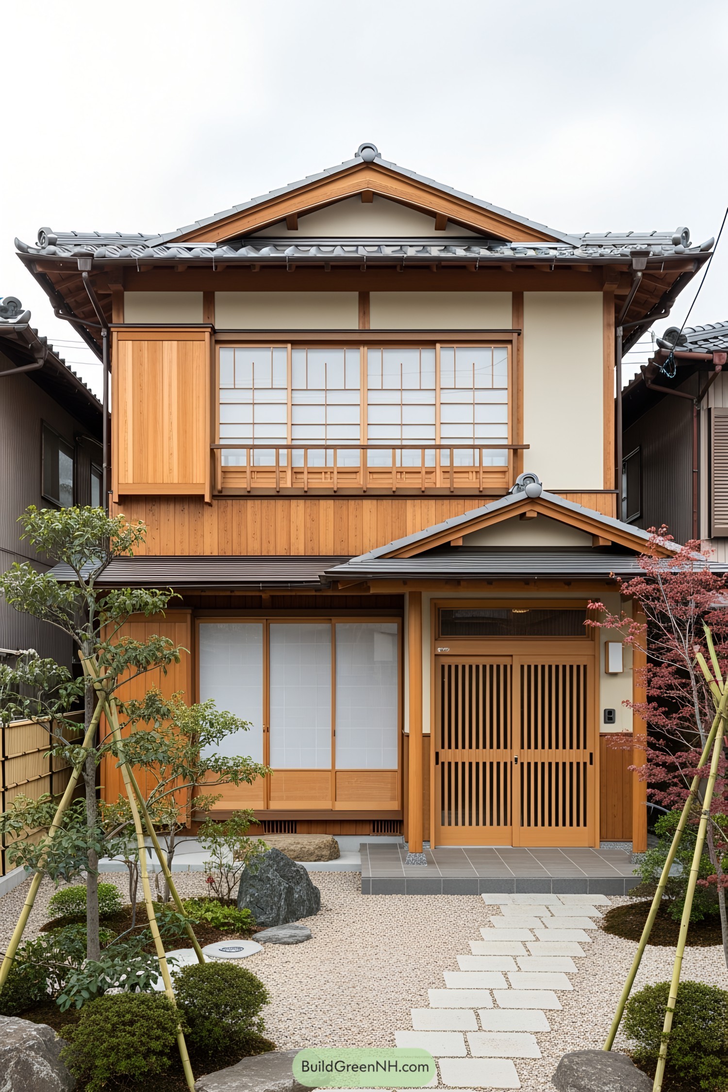 A small wooden Japanese house with a pebble garden