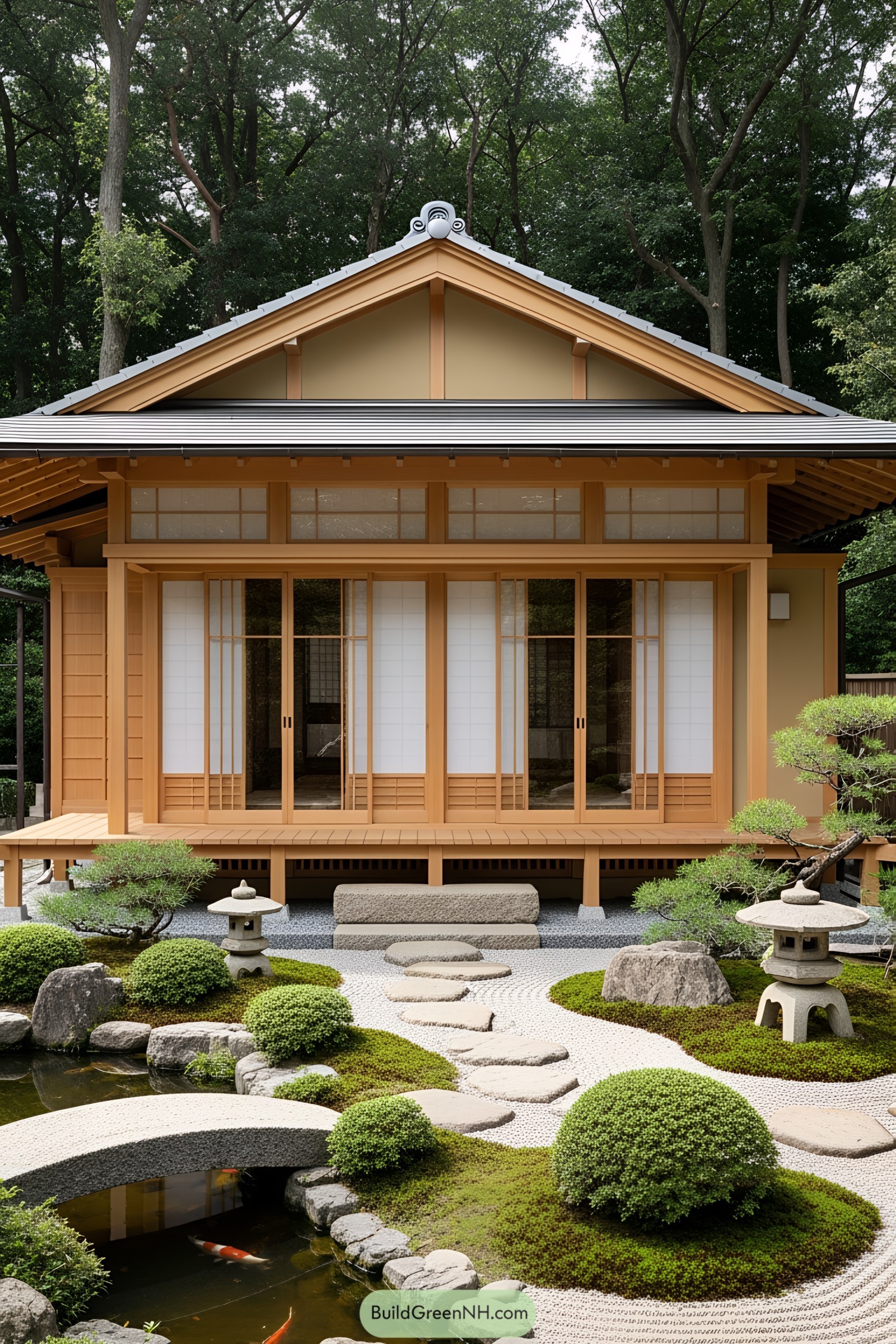 Elegant Japanese house with garden and pond