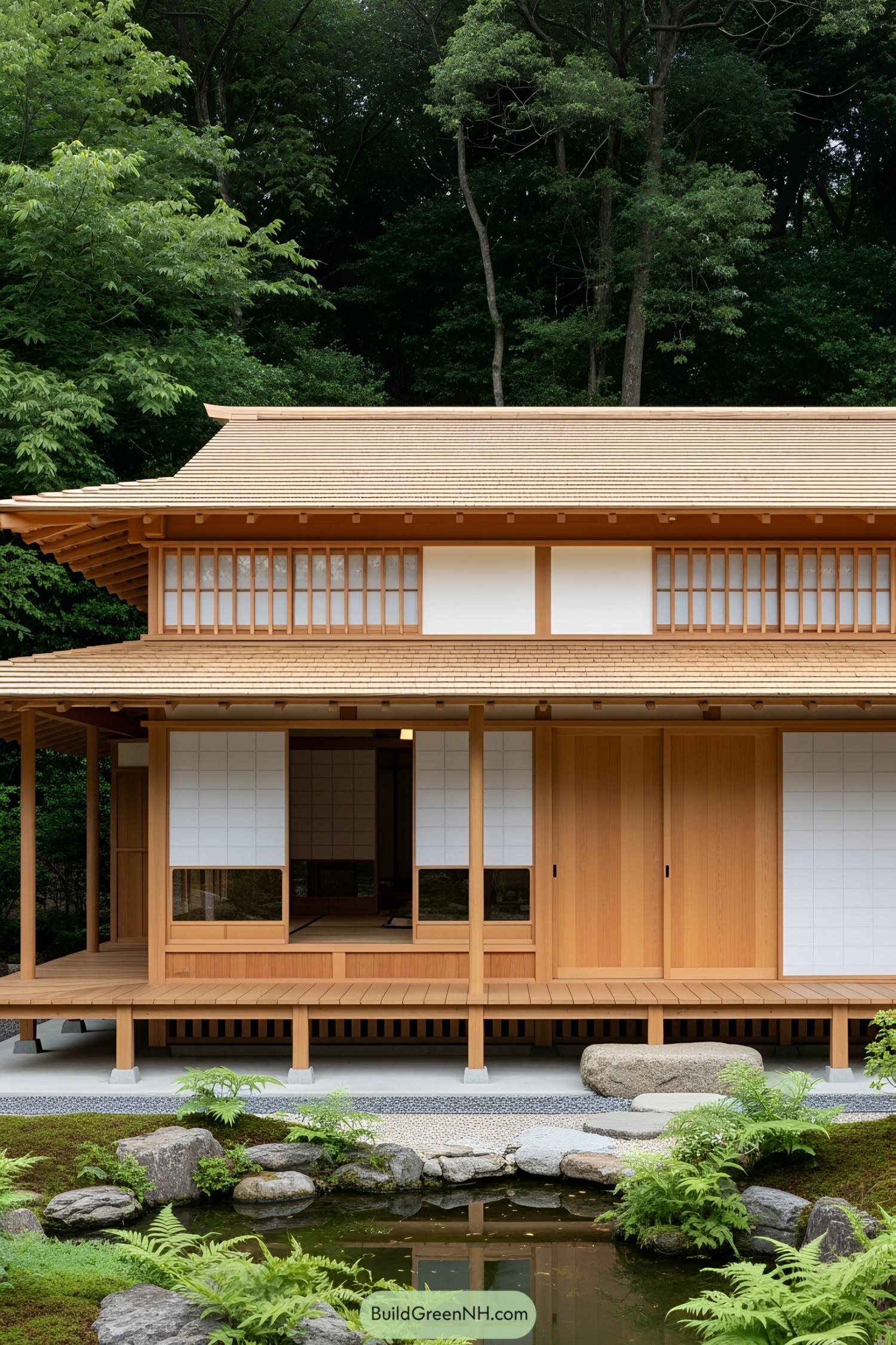 Traditional Japanese house with sliding doors and tiered roof, surrounded by lush trees