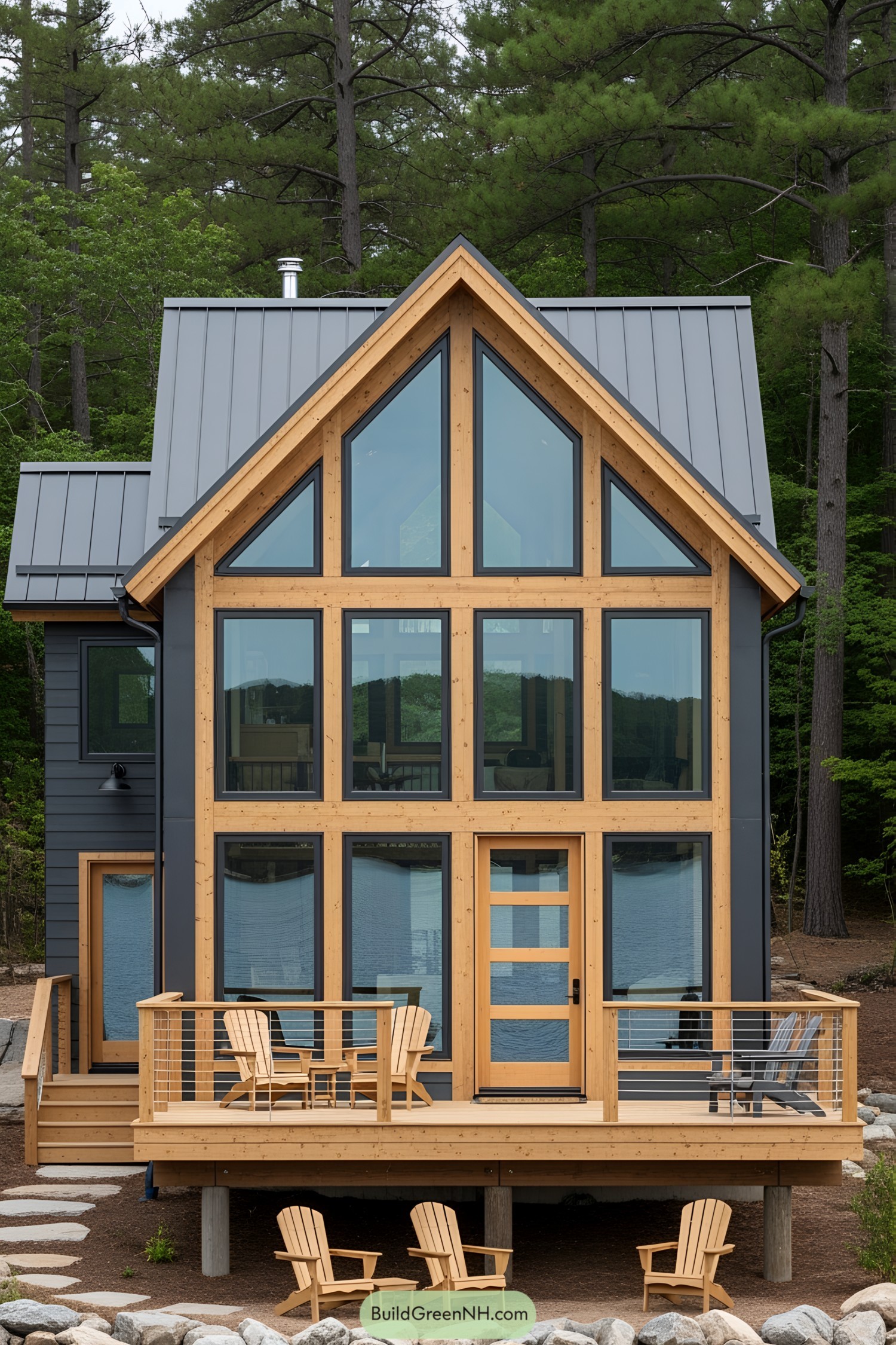 Modern lake house with large windows and a cozy deck