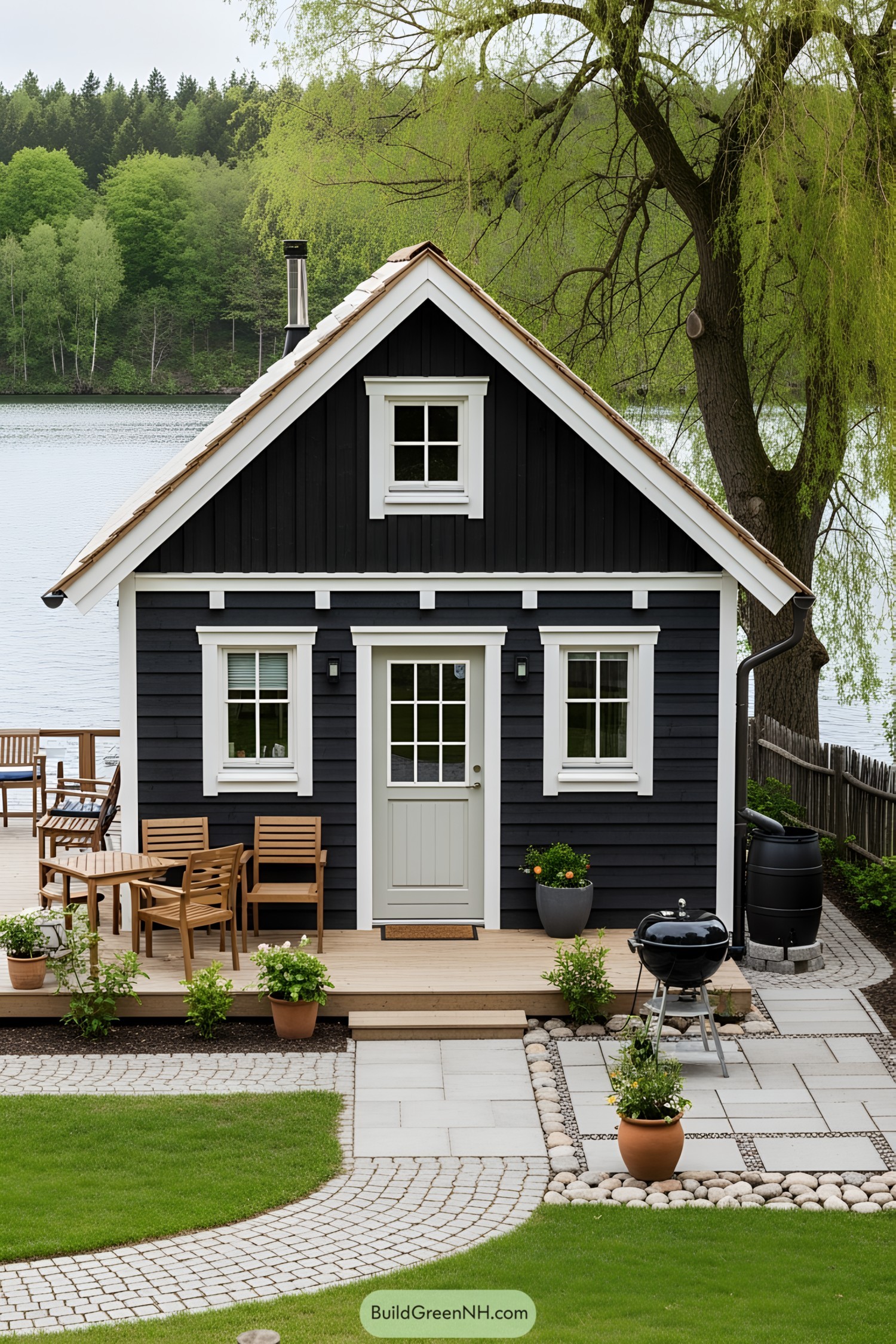 Cozy lake house with wooden deck and trees