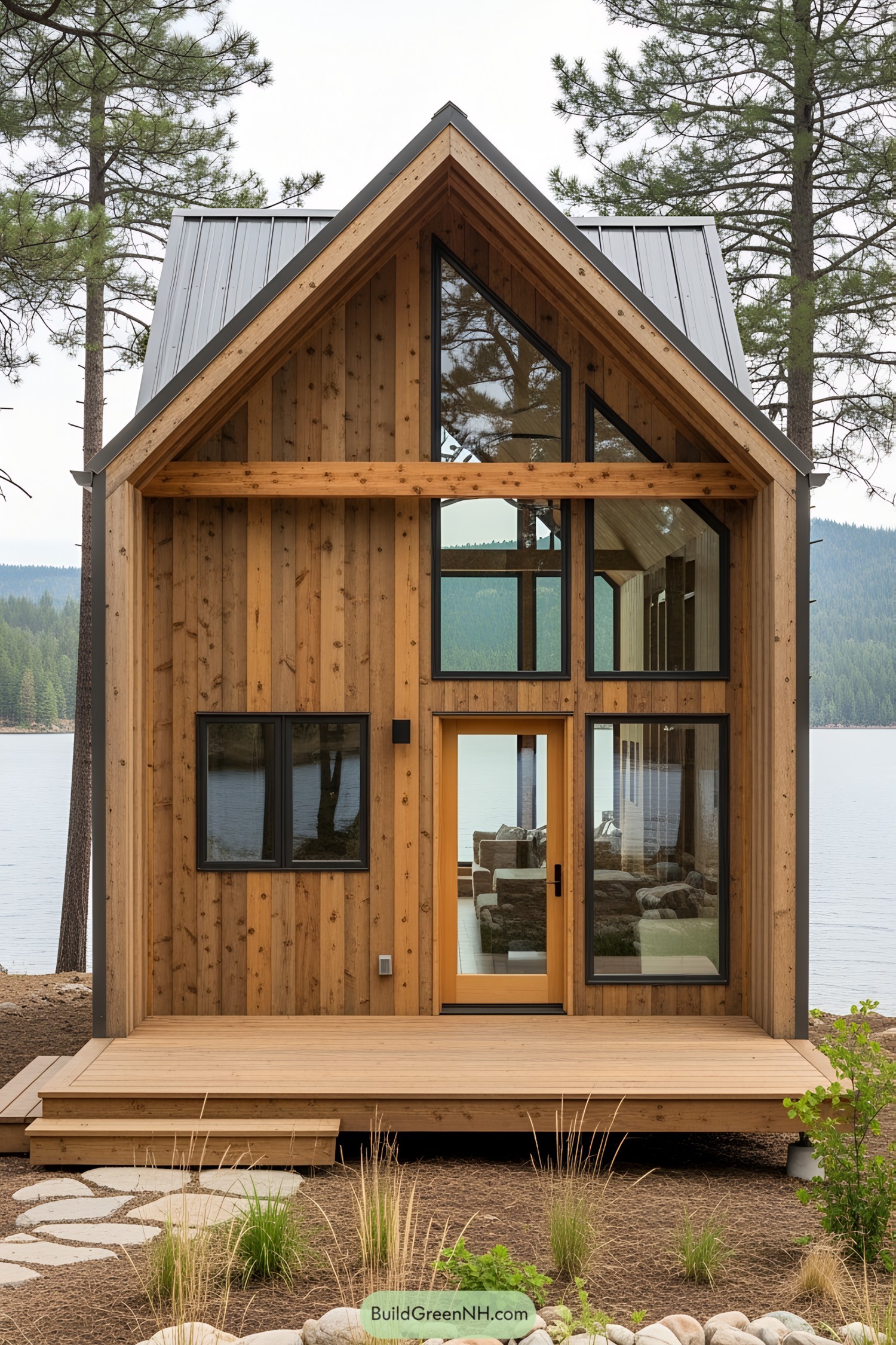 Small wooden lake house with large windows