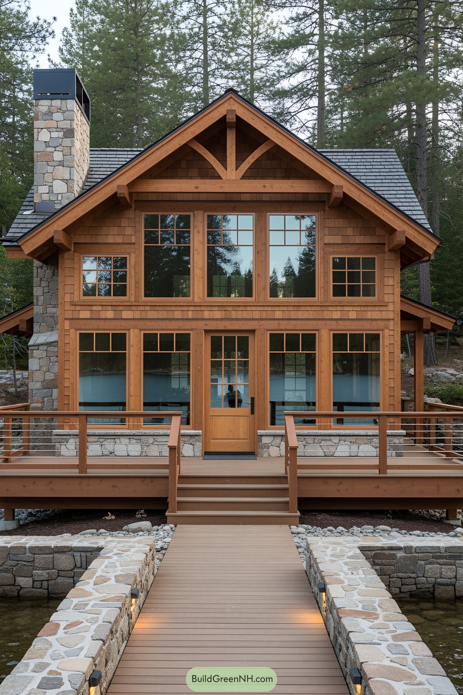 Wooden lake house with stone chimney and large windows
