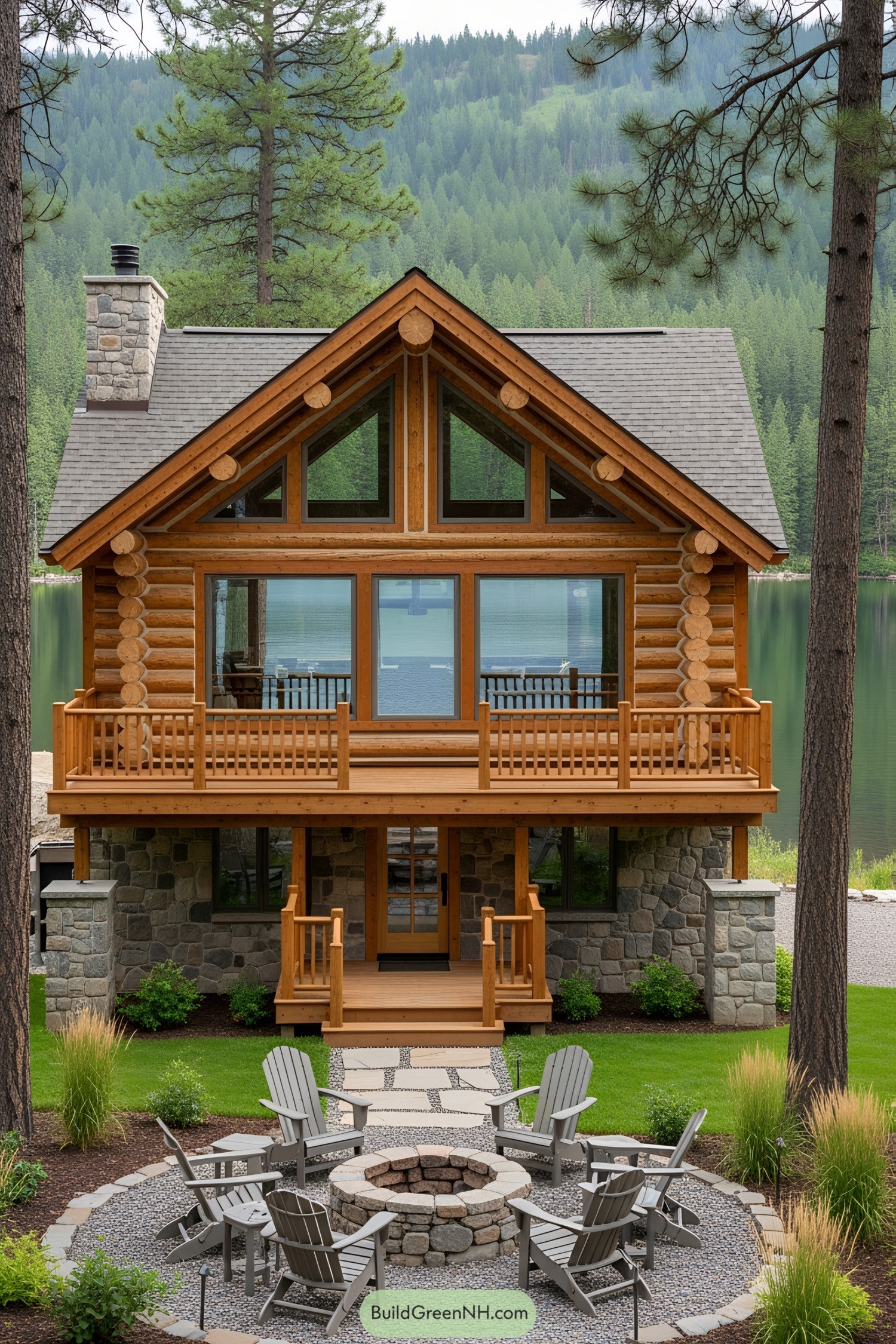 Quaint log cabin facing a serene lake surrounded by tall trees