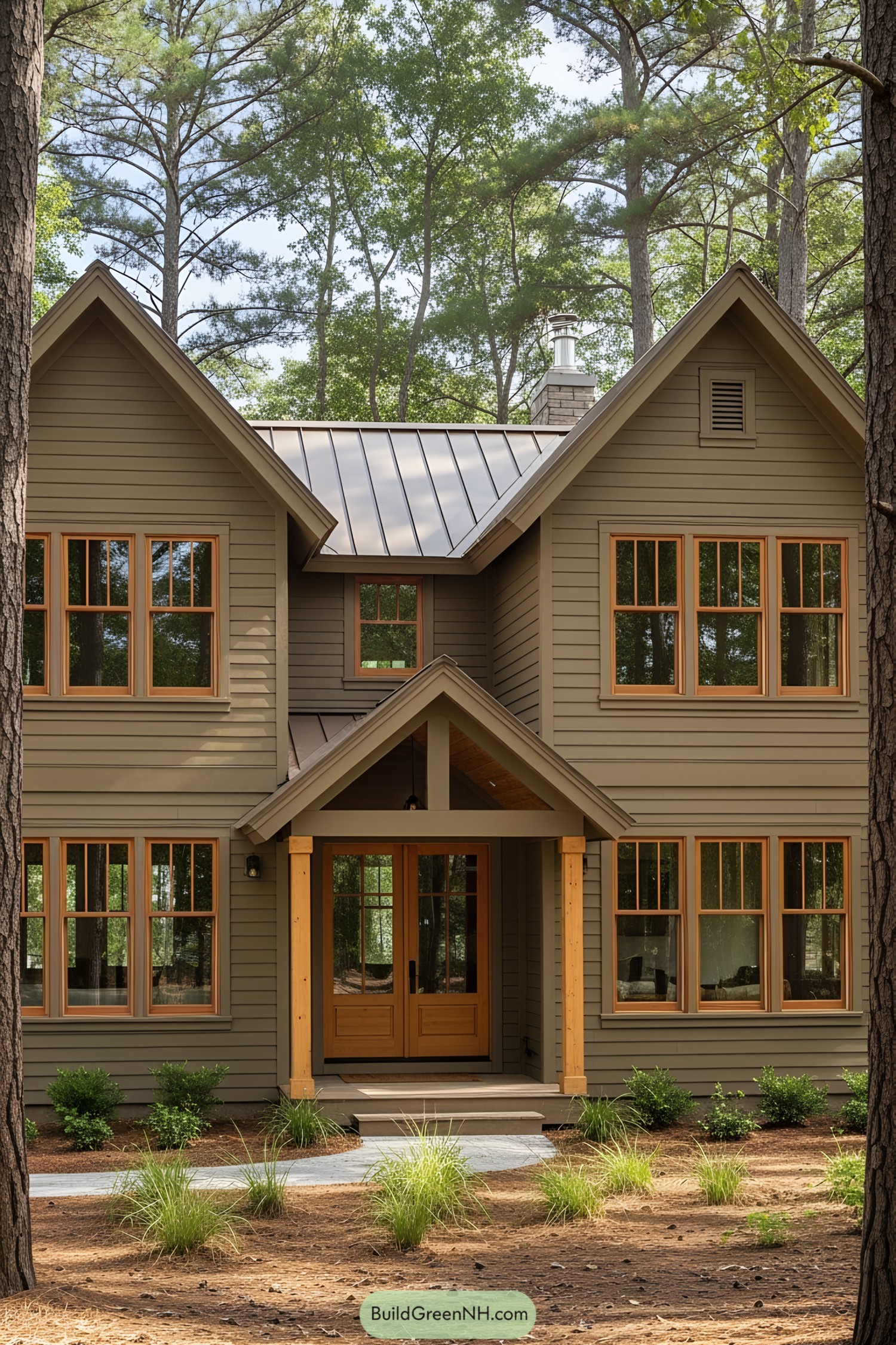 Wooden house nestled among tall trees
