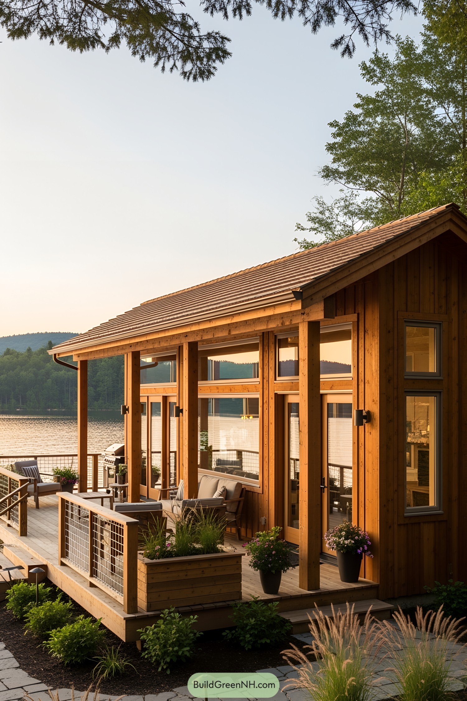 Wooden lake house with a cozy deck