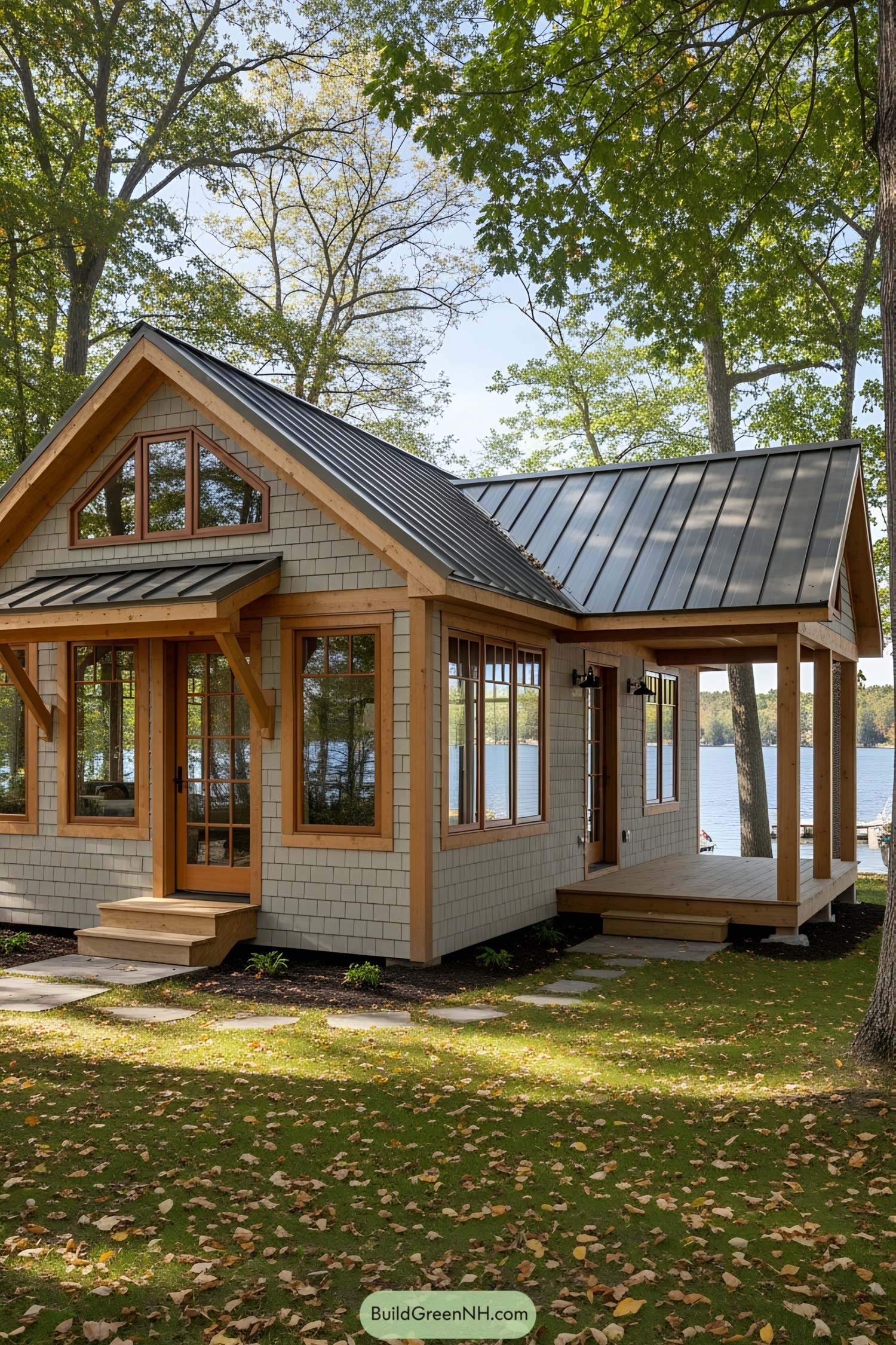 Charming small wooden lake house surrounded by trees