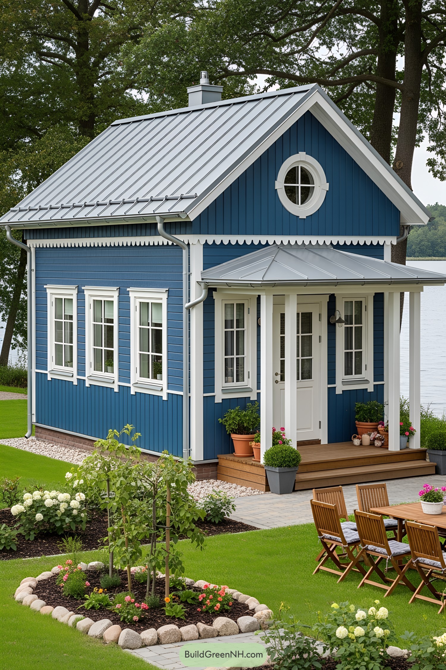 Charming blue lake house with white trim by the water