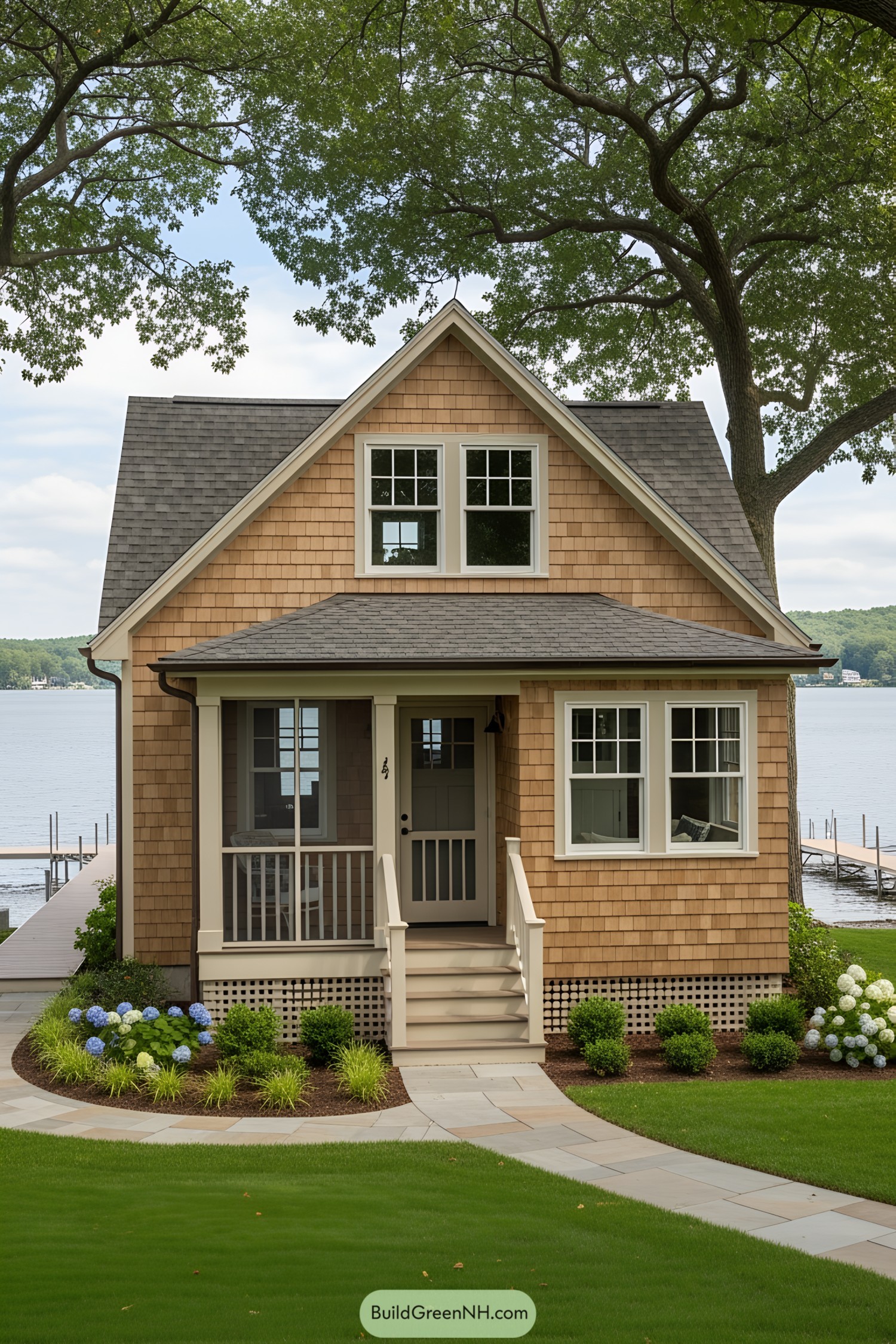 Compact wooden home with front porch overlooking a serene lake