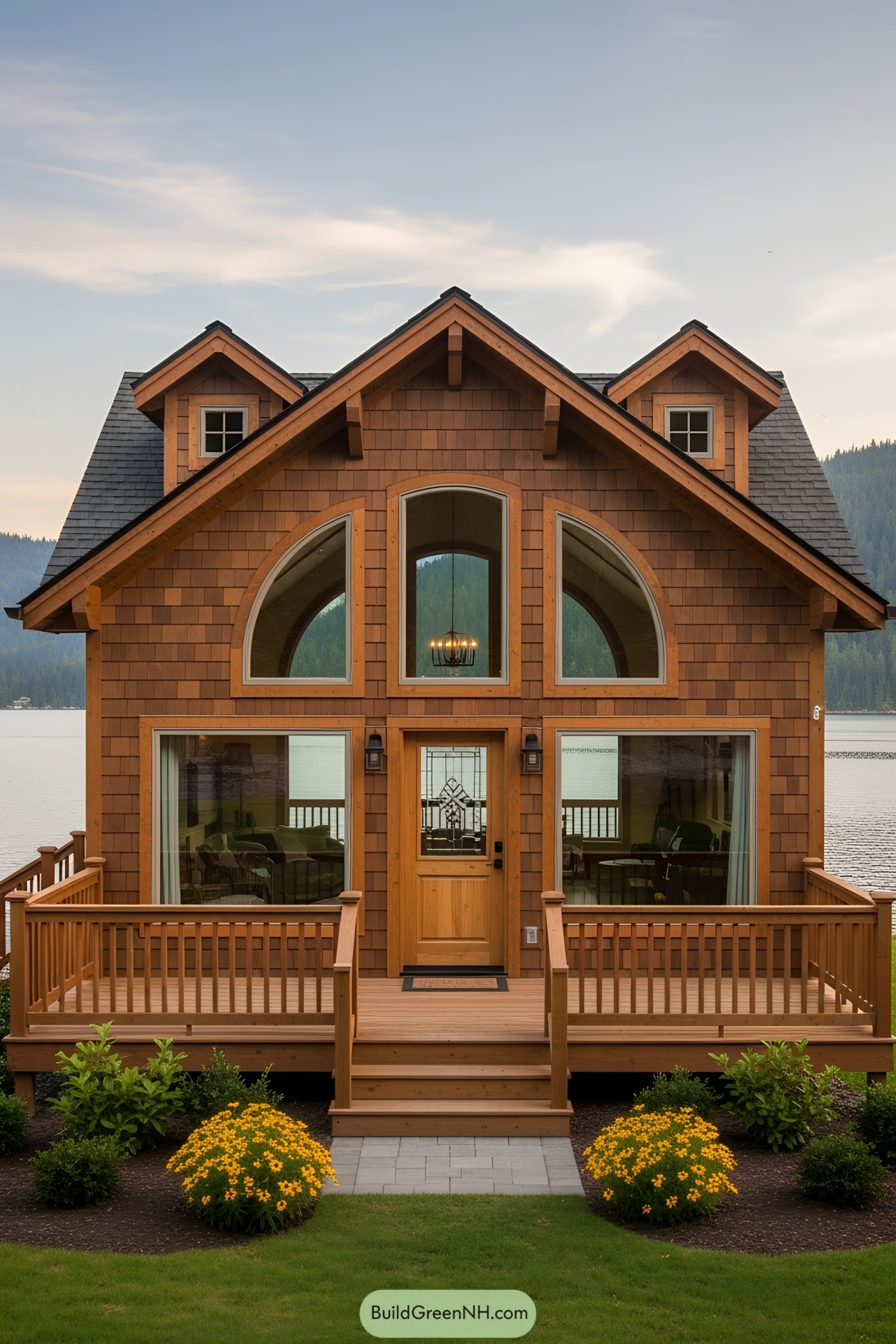 Quaint lake house with wooden siding and large windows