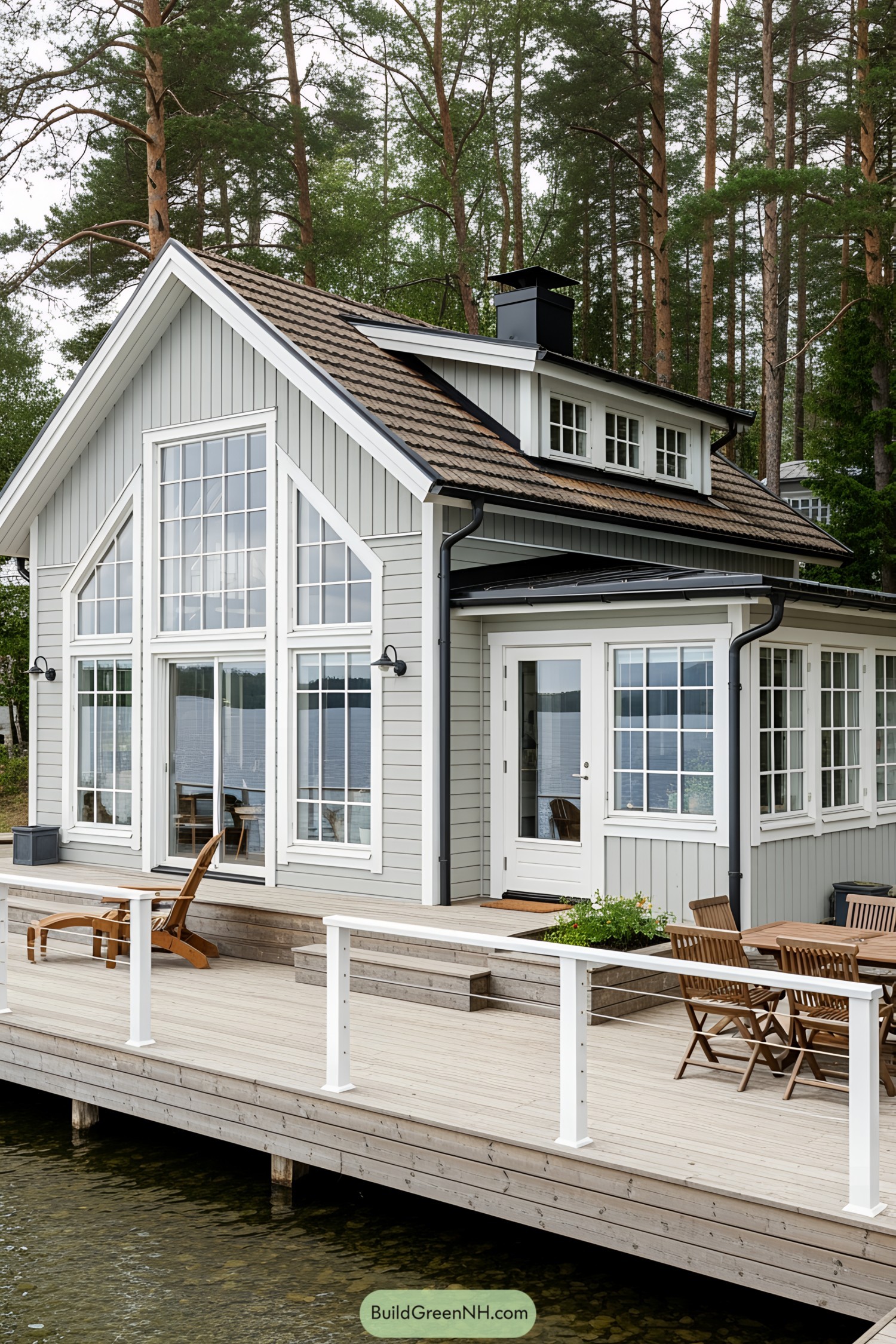 Small lake house with a wooden deck and large windows