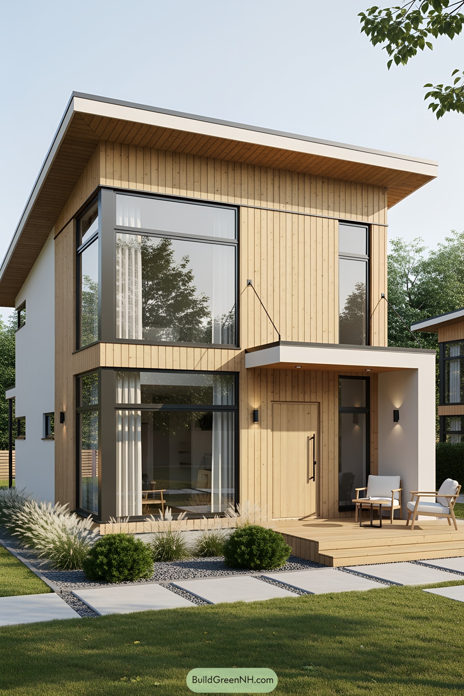Small modern loft house with large windows and wooden accents