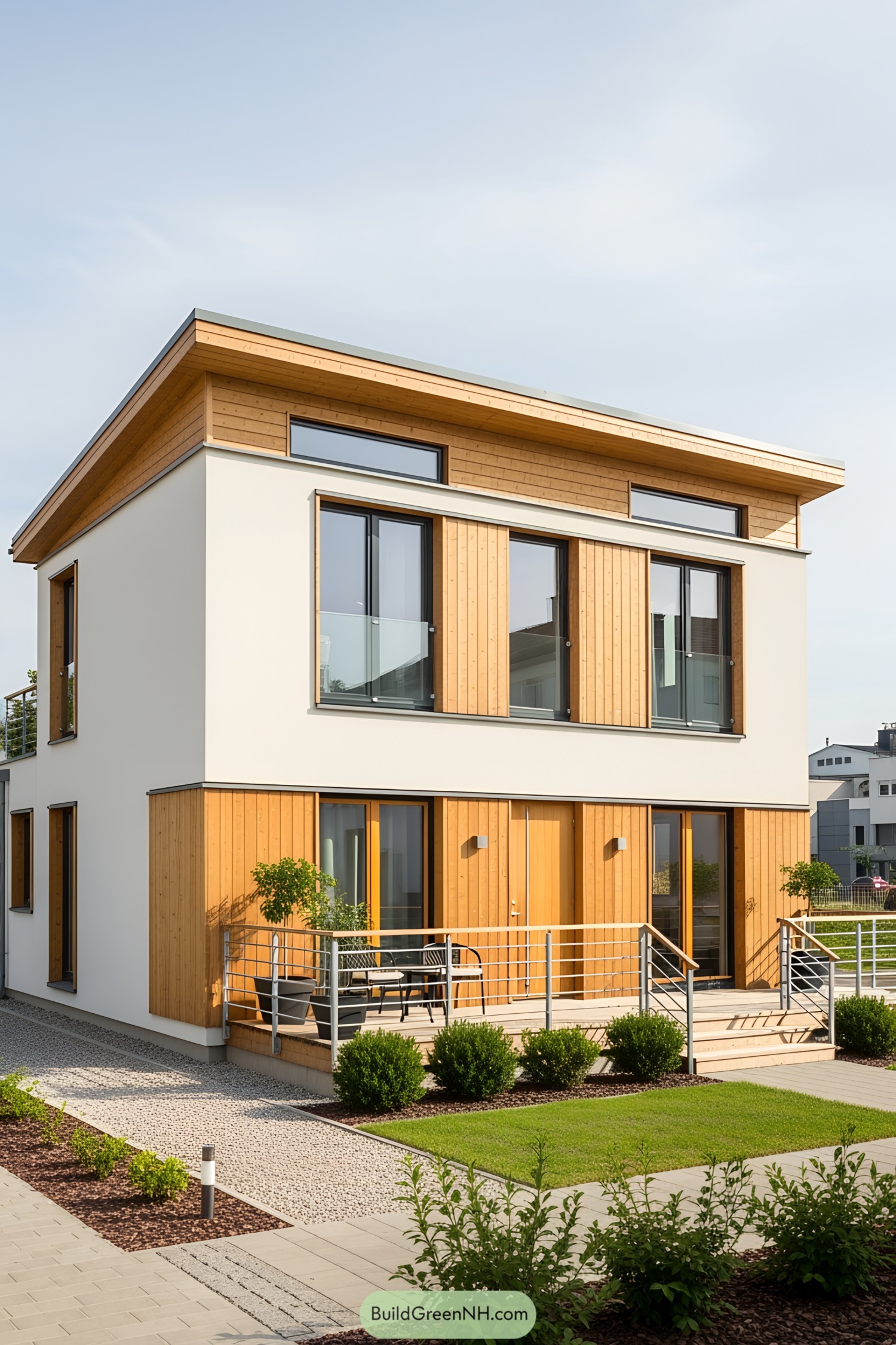 Modern loft house with wooden accents and large windows