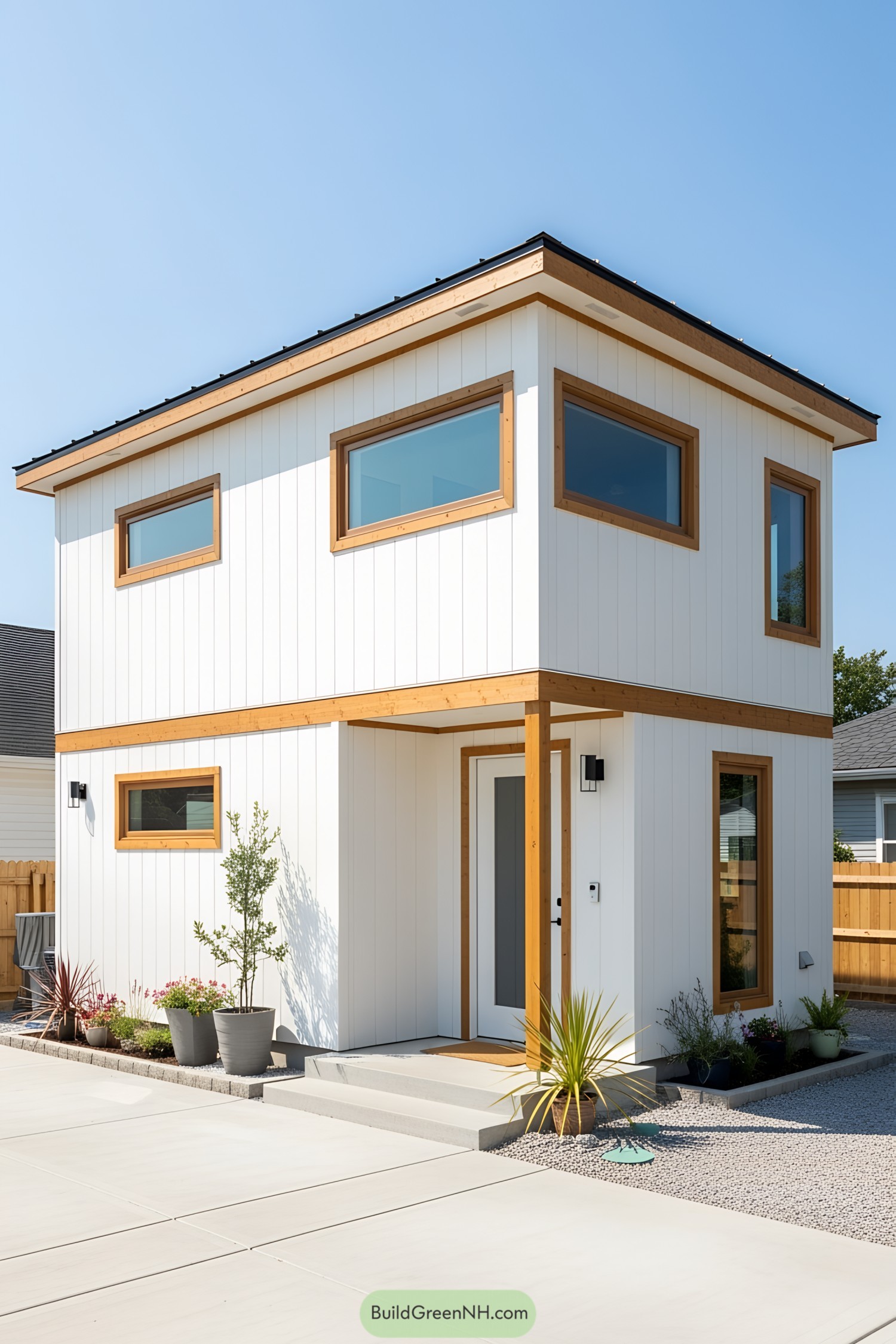 Compact white loft house with wooden accents and modern windows