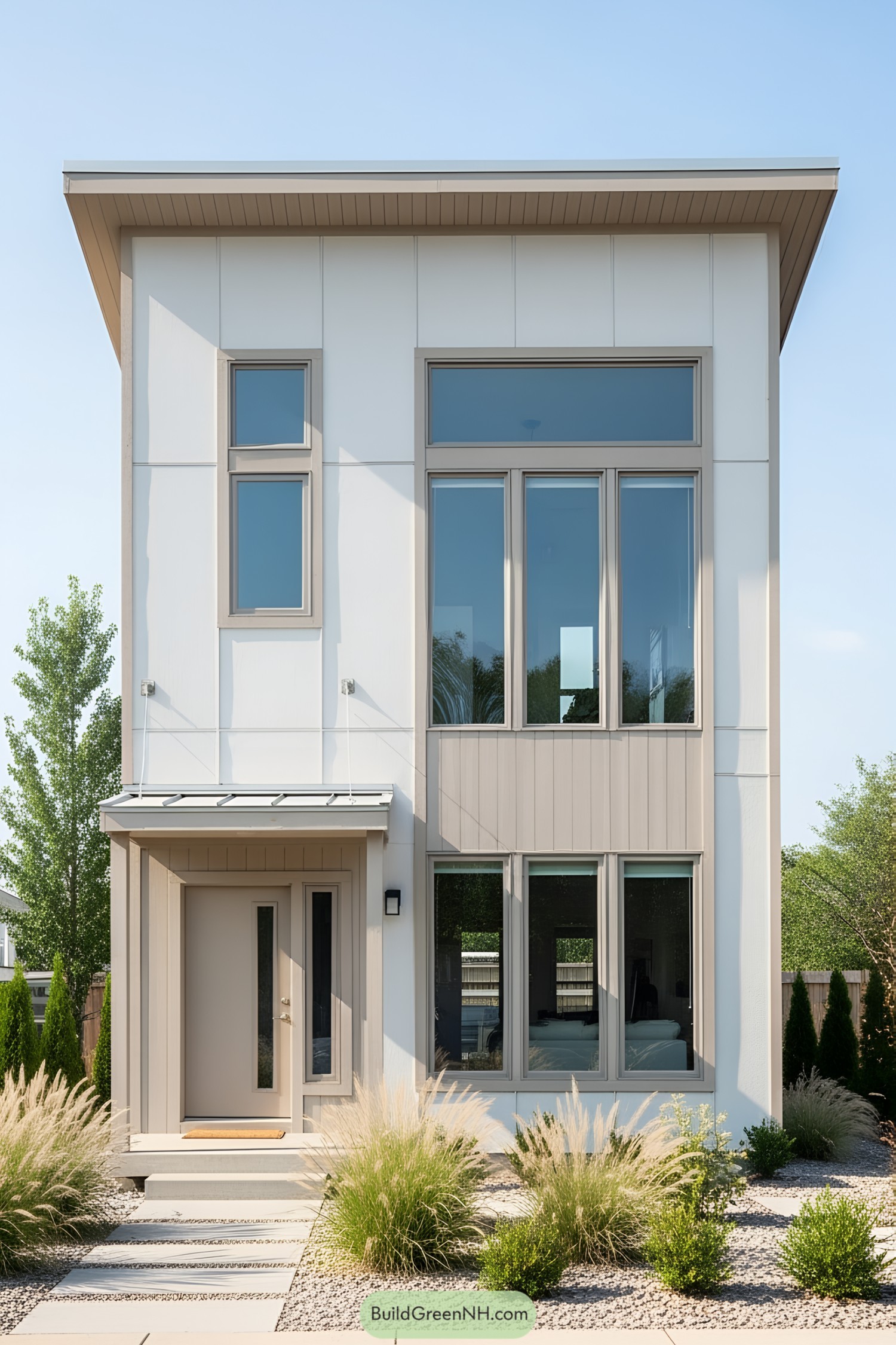 Compact modern loft with large windows and sleek entrance