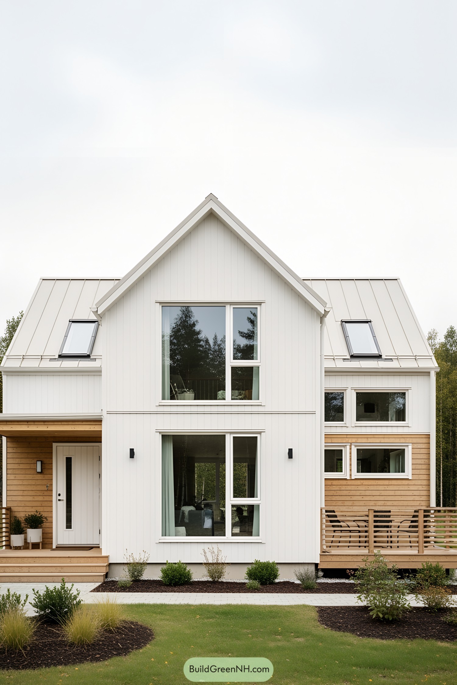 A white loft house with wood accents and large windows