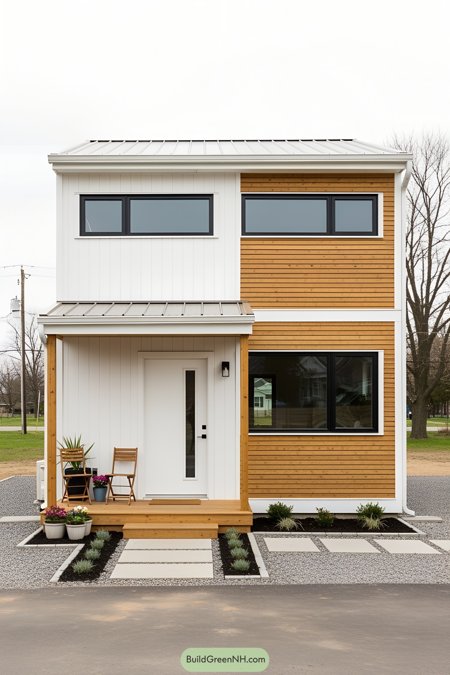 Compact loft house with wood and white paneling