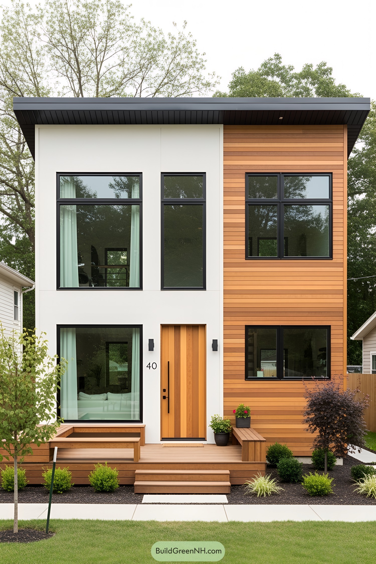 Modern two-story loft house with wood and white facade