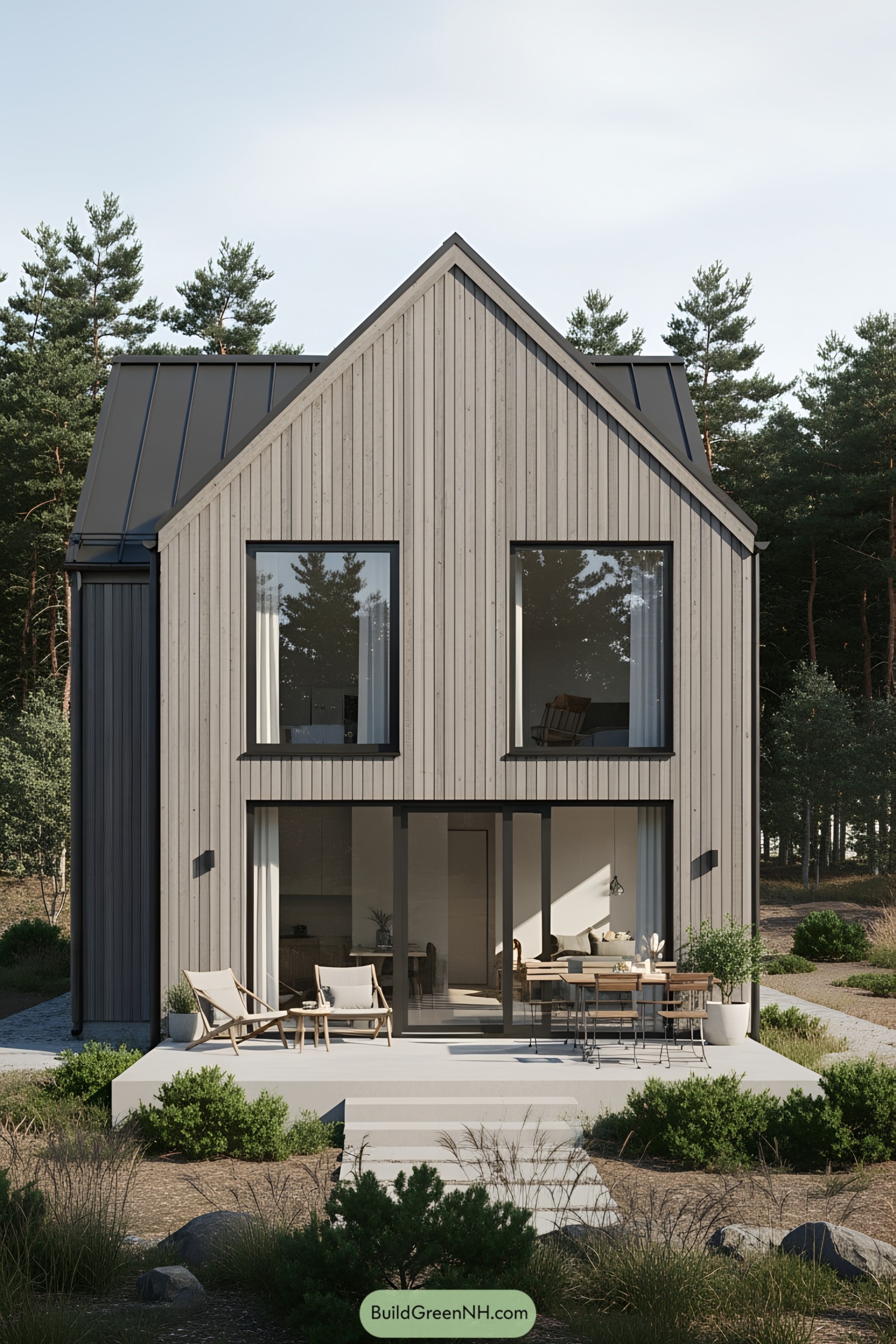 Compact loft house with a gable roof surrounded by trees